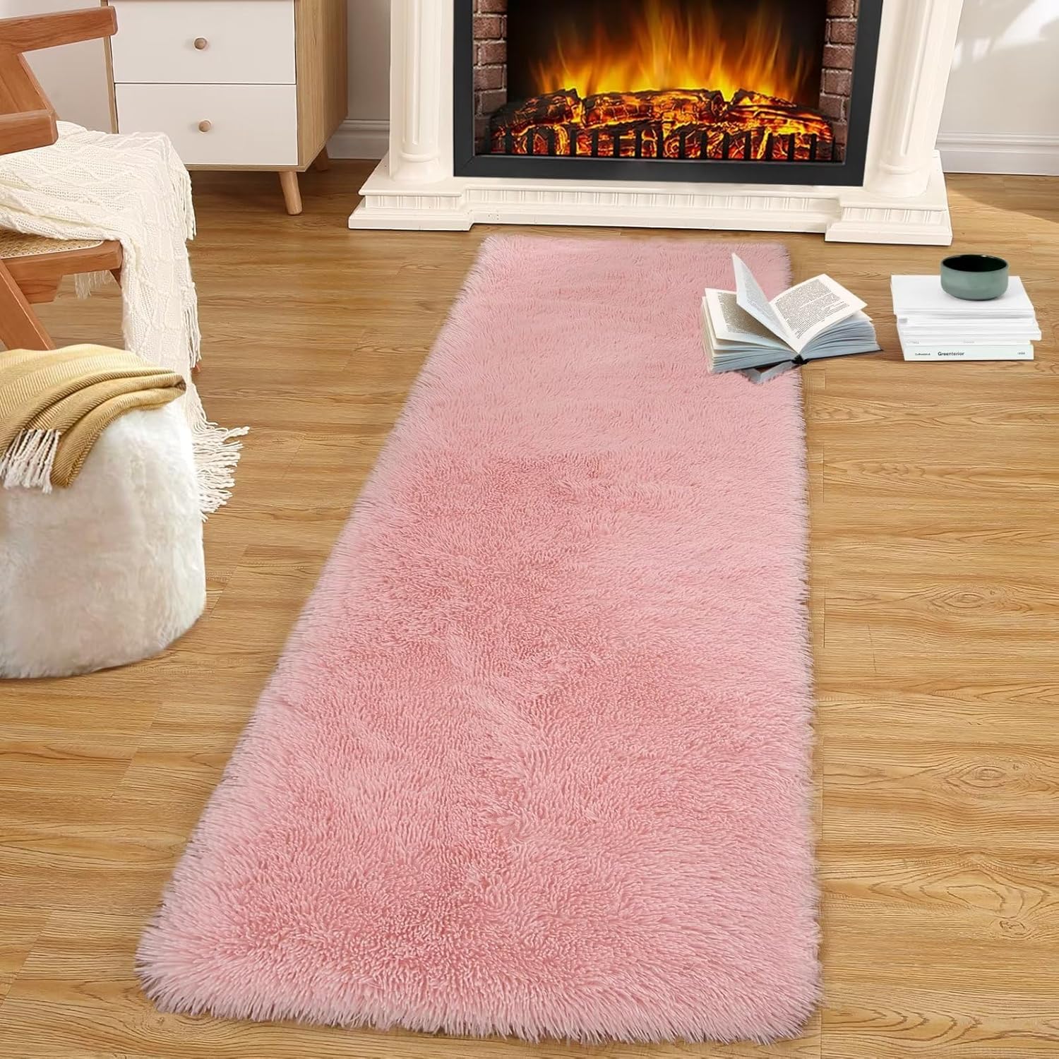 Zacoo Long Runner Rug for Bedroom 2x8 Soft Fluffy Area Rugs Shaggy Throw Carpet for Hallway Bedside Non Slip Plush Furry Floor Cover for Entryway Nursery Kids Room Living Room Decor, Light Pink