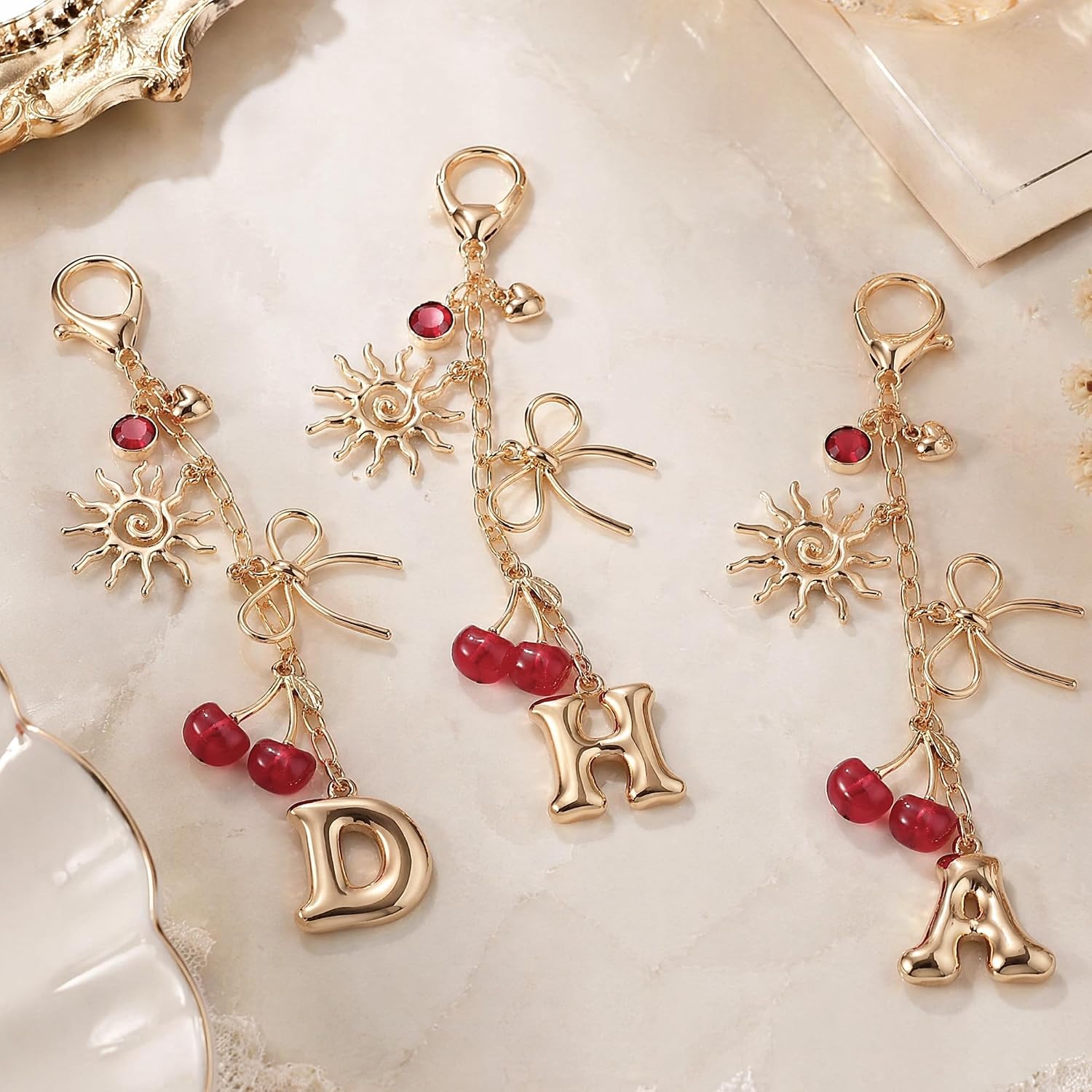Cherry Bag Charms Keychain - Gold Sun Bow Initial Keyring Decor image 4