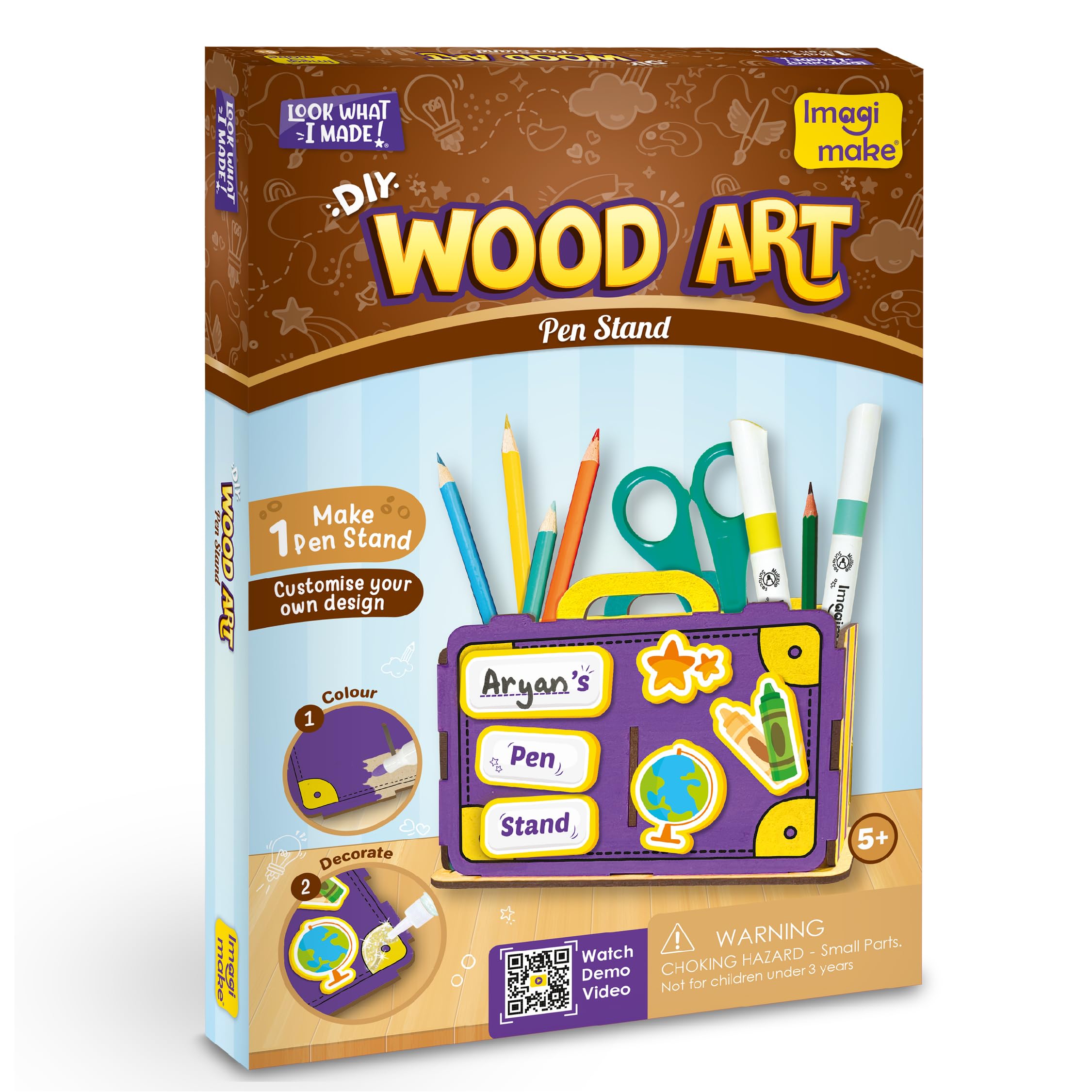 Imagimake DIY Wood Art Pen Stand | Make Customized Wooden Pen Stand | Wooden Painting Crafts for Kids Age 5,6,7,8 & Above | 25+ Foam Stickers for Wood Crafts | Fun Gift for 5+ Year Old Girls and Boys