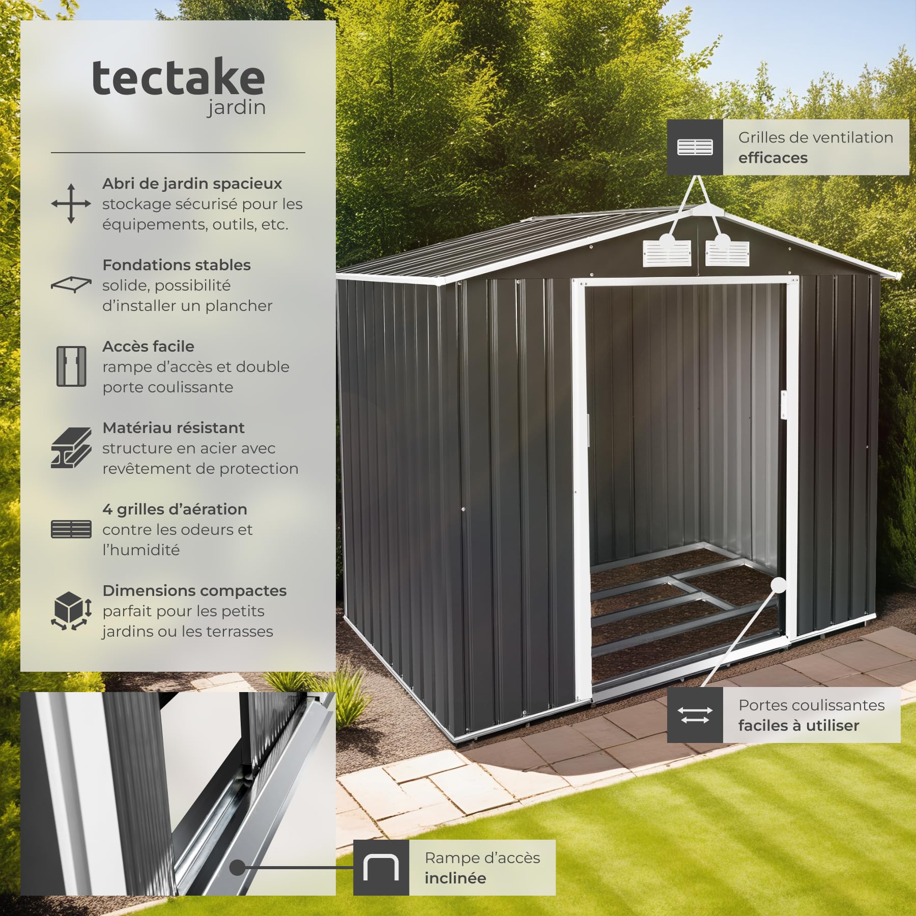 tectake® Abri de Jardin en métal 4.2m³, Cabane de Jardin à Outils, Toiture 2 pans avec Fondation, Rangement et Stockage extérieurs Moto Vélo Tondeuse Brouette Outils de Jardinage, 214 x 130 x 185 cm