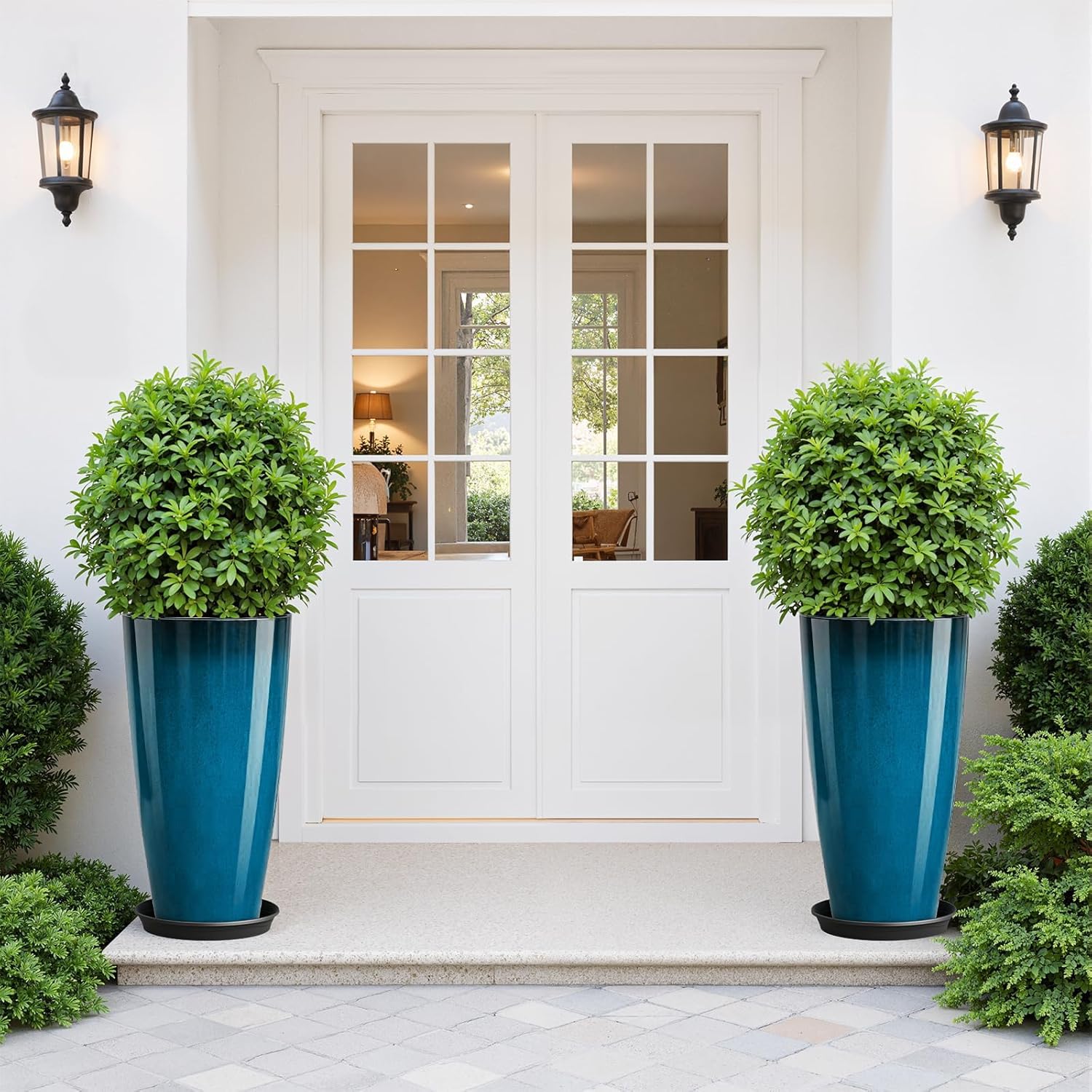 qcqhdu 21 inch tall planters for outdoor & indoor plants, set of 2 large outdoor planters with drainage hole for front porch, patio, garden, home decor, blue blue 21 inch