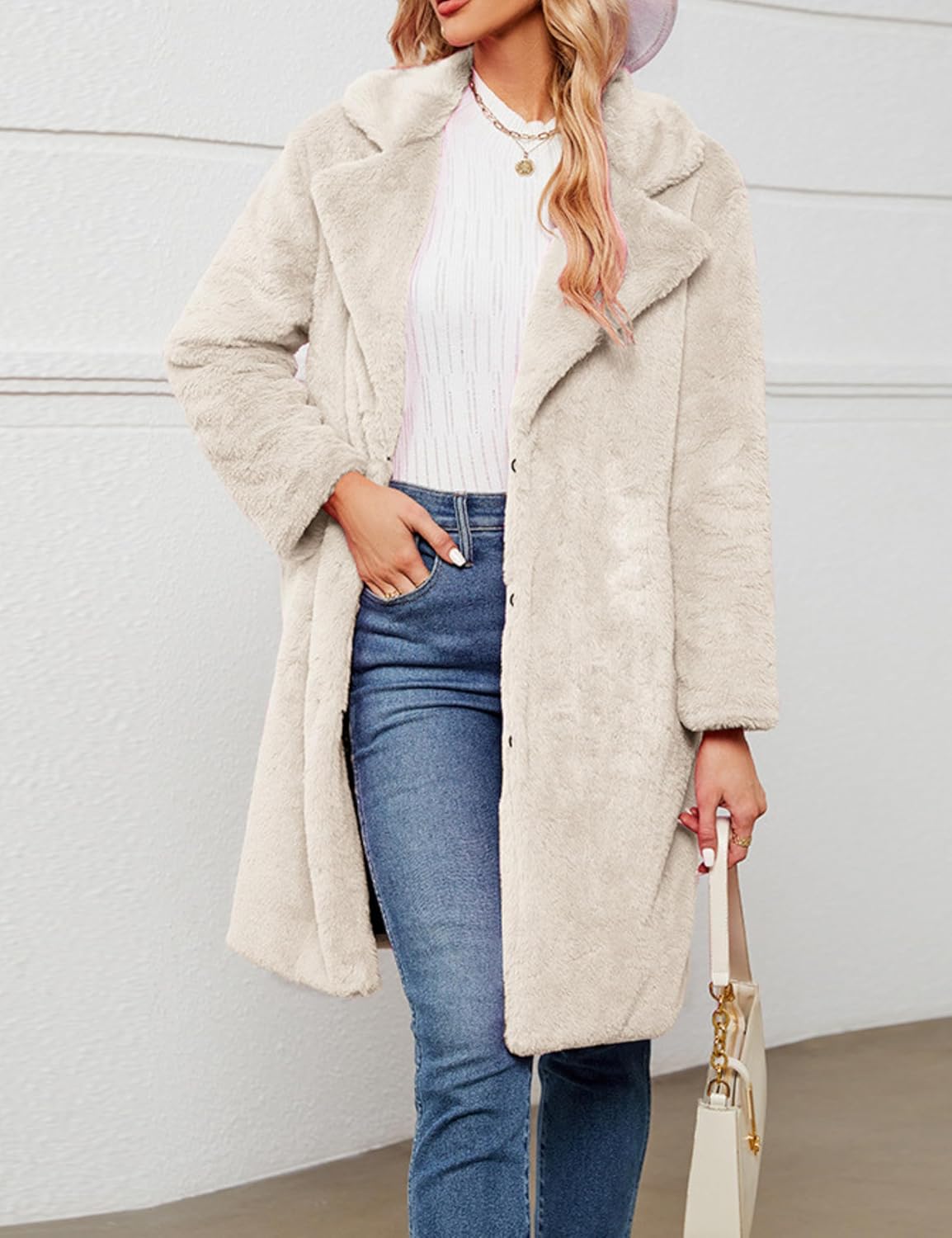 Long Fur Coats for Women Winter Warm Lapel Faux Fur Jacket Fuzzy Outercoats with Pockets - Image 3