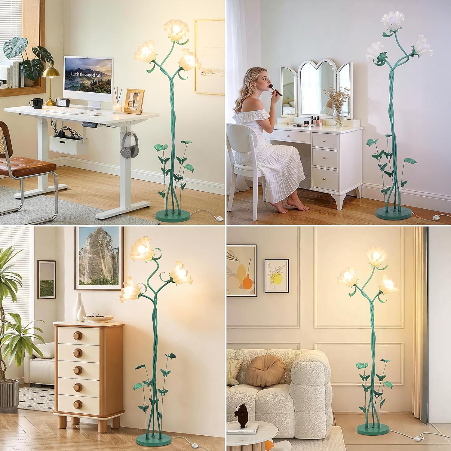 TOBUSA Flower Floor Lamp for Living Room Bedroom, 3-Light Cute Vintage Standing Lamp with Flexible Gooseneck, 67’’ Tall Green Floral Stand Up Lamp, Modern Unique Flower Corner Lamp for Reading Nursery