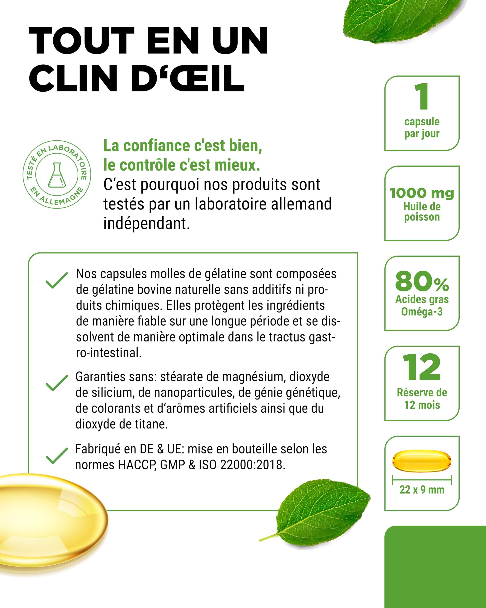 vit4ever Premium Omega 3 avec 80% D'Acides Gras - 365 Gélules | 1000 mg d'Huile de Poisson par Gélule avec EPA & DHA - Forme Triglycéride - Purifié avec Soin à partir de Pêche Durable