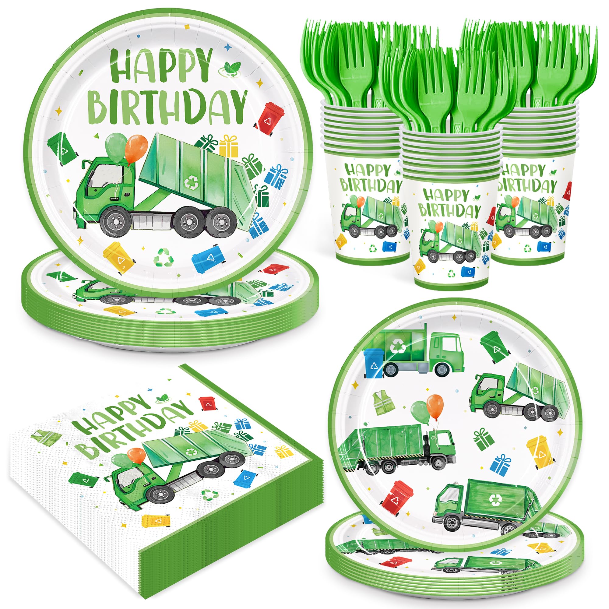 120pcs Garbage Truck Birthday Party Decorations Trash Truck Plates Napkins Green Forks Disposable Tableware Set Waste Management Recycling Rubbish