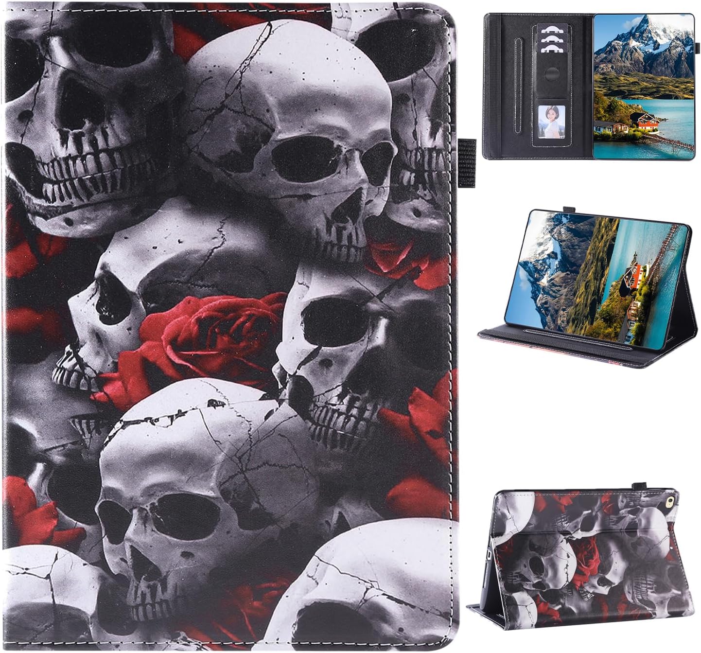 Case for iPad 6th/5th Generation 9.7 Inch 2018/2017 Model, Folio Tablet Protective Cover Stand Case with Card Holder & Wake/Sleep Function & Pen Holder for iPad 9.7, Skull