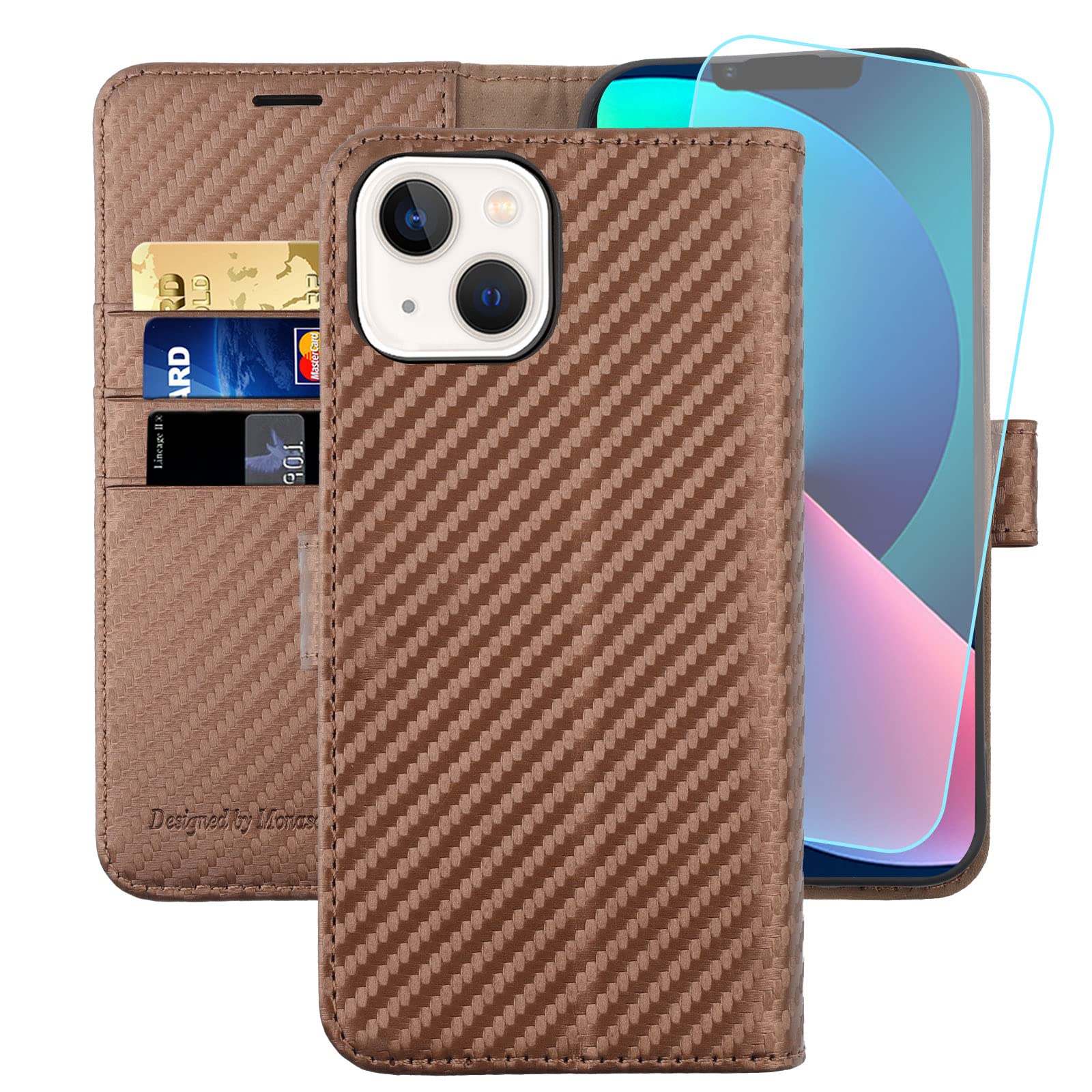 MONASAY Wallet Case Compatible for iPhone 14/13 5G,[Glass Screen Protector Included] [RFID Blocking] Flip Folio Leather Cell Phone Cover with Credit Card Holder?6.1-inch?Coffee
