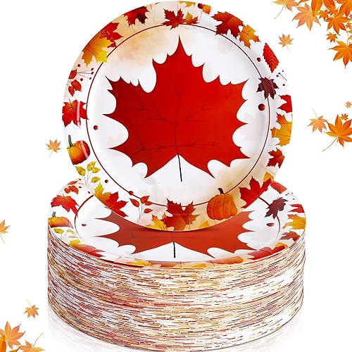 50 platos de papel de otoño de 9 pulgadas, platos de calabaza de Acción de Gracias, hojas de otoño, platos desechables para suministros de fiesta de