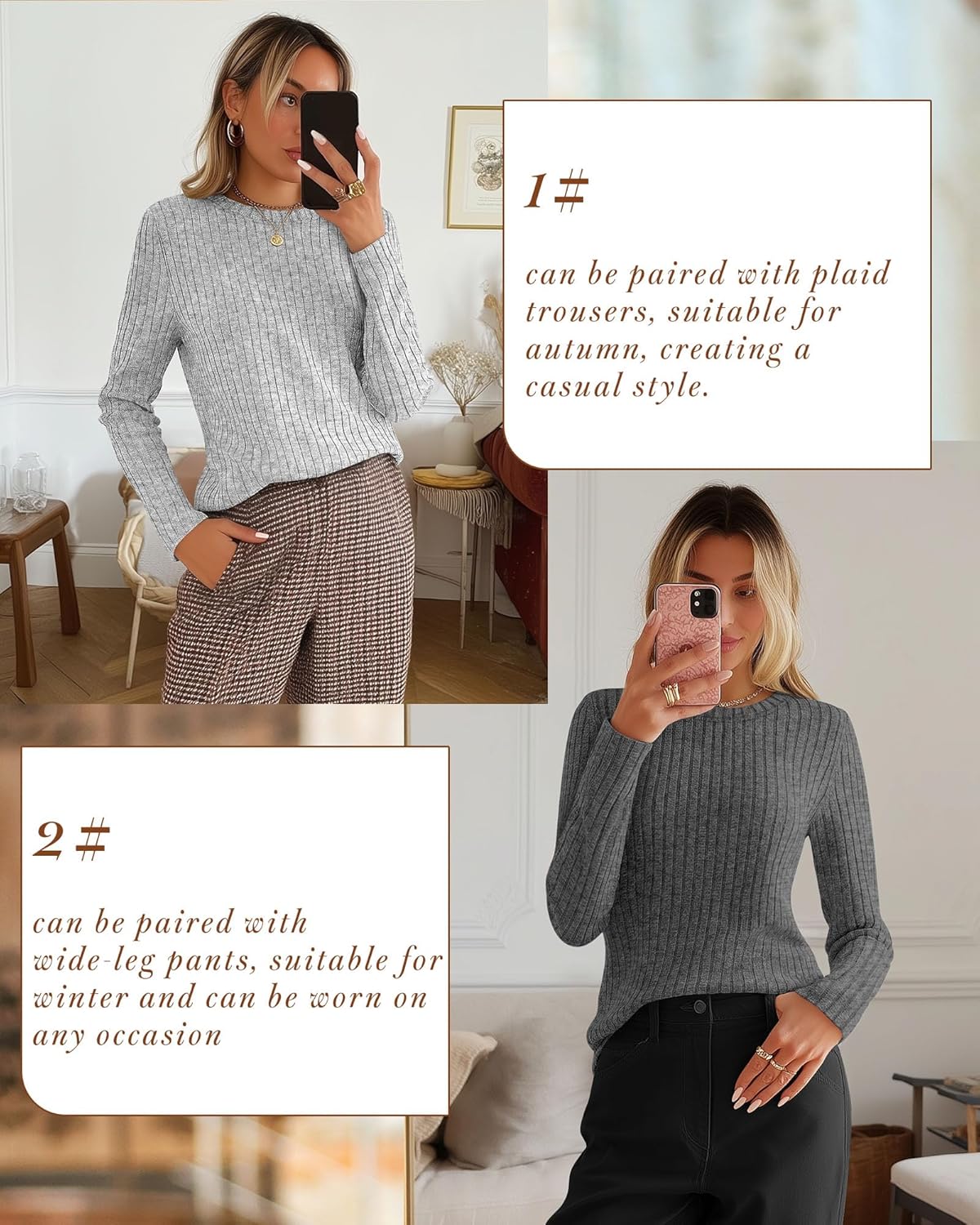 Huukeay 3 Pack Women's Long Sleeve Sweaters, Lightweight Crew Neck Shirts Regular Fit Tunic Tops Casual Solid Color Pullover - Image 3