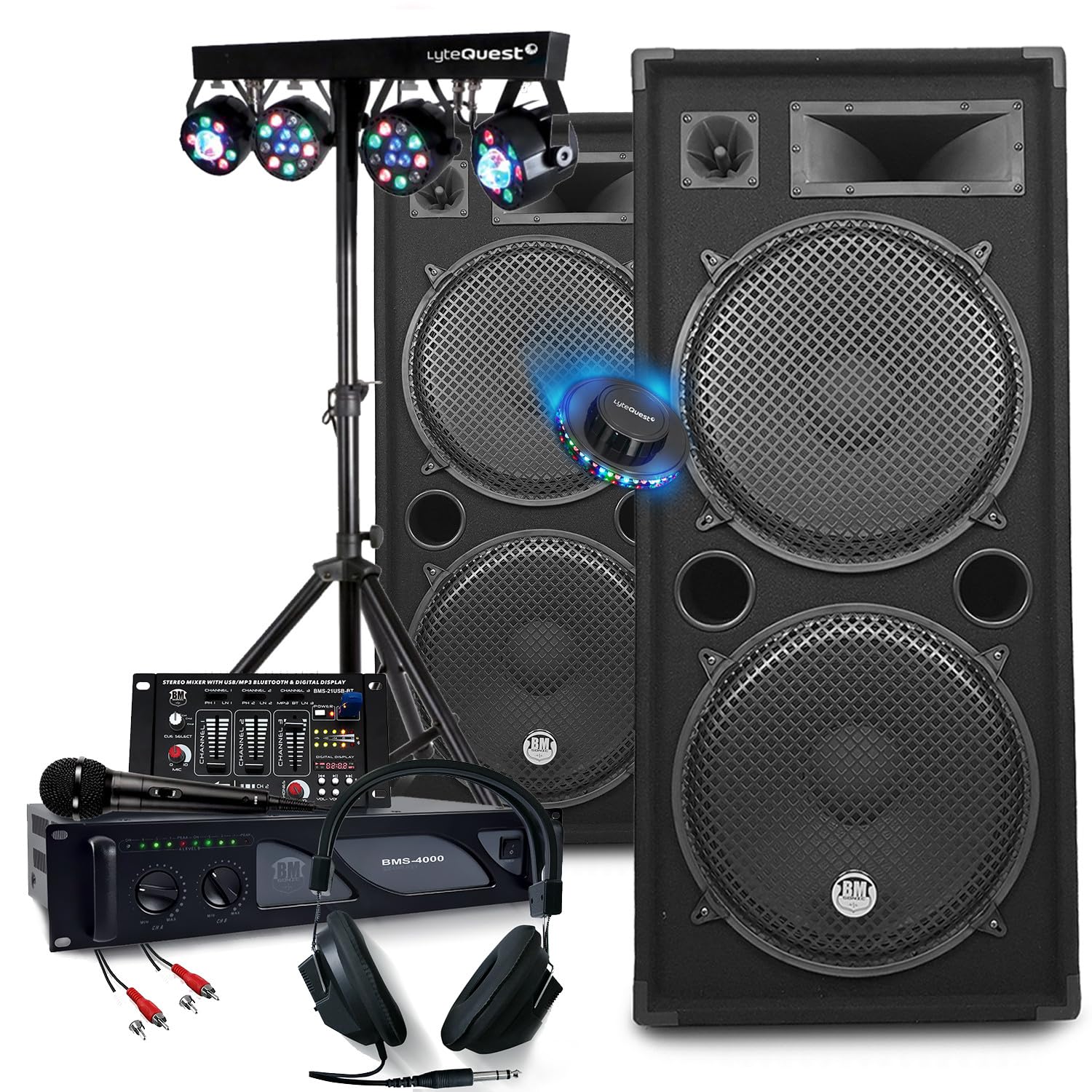 Pack Sono DJ Complet 3000W Amplification + Enceintes 2x2000W, Table Mixage USB Bluetooth, Portique d'Eclairage Multi-Effets LED