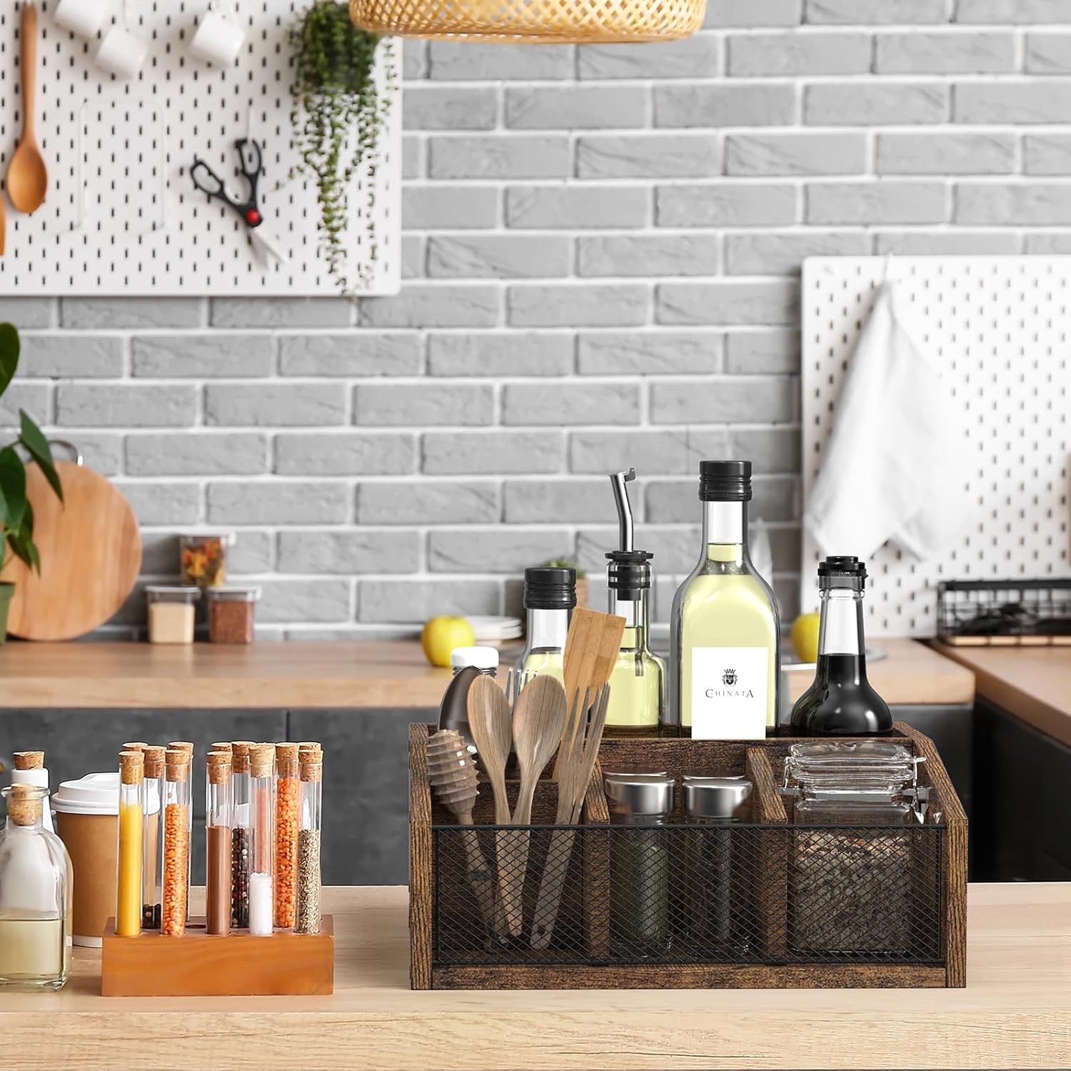 Coffee Bar Station Organizer Wooden Coffee Bar Accessories for Countertop Tea Condiment Organizer for Decor Storage Basket for K-Cup Pods Holder, Rustic Brown