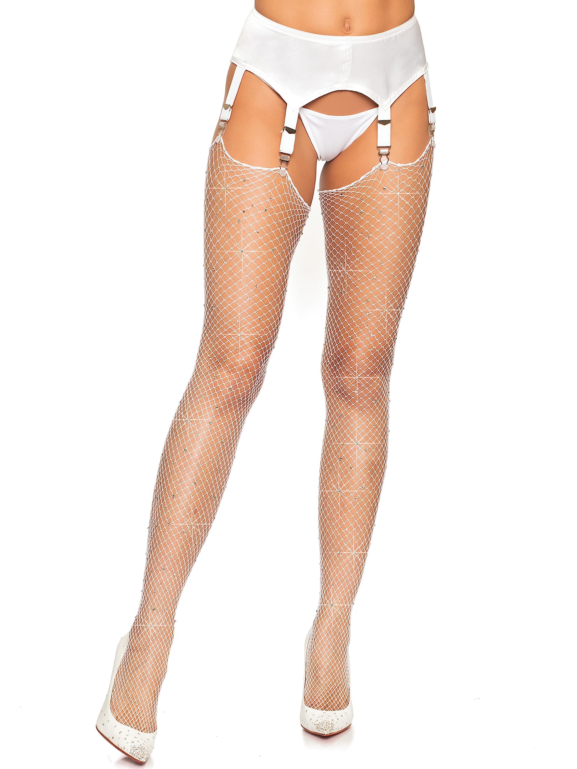 Leg Avenue Rhinestone Fishnet Stockings, 1X-2X (White)