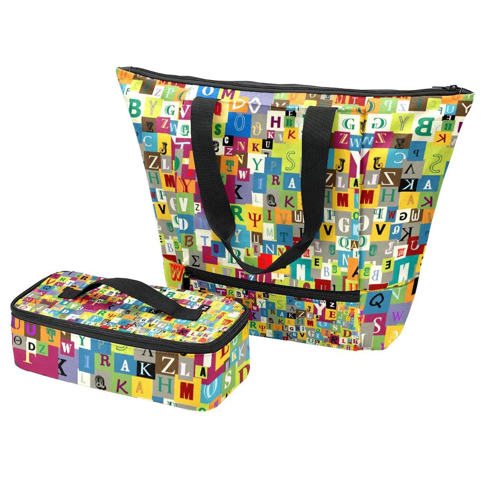 Grand sac fourre-tout avec sac isotherme et boîte à déjeuner assortie au motif floral rétro