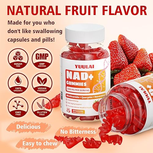 Miniatura 6 de Paquete de 2 gomitas NAD+, suplemento NAD para mujeres, NAD nicotinamida, ribósido resveratrol de 1000 mg, suplemento NAD+ Plus para