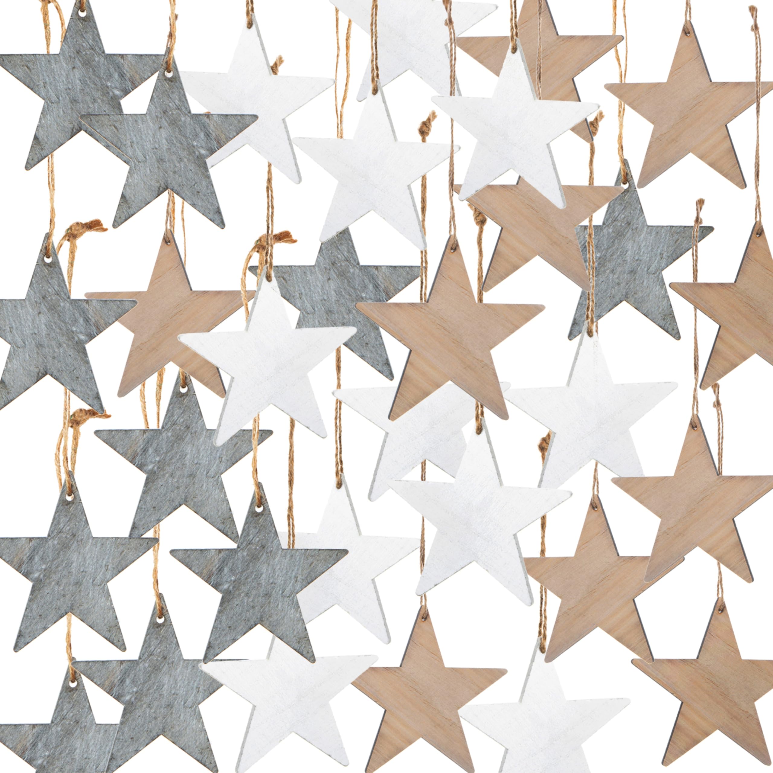 Colgantes Madera Estrellas, 30 Unidades: Adornos navideños Naturales Blancos Grises y Madera, decoración hogar y árbol Navidad rústica, Colgante para Regalos y Manualidades, 7 cm