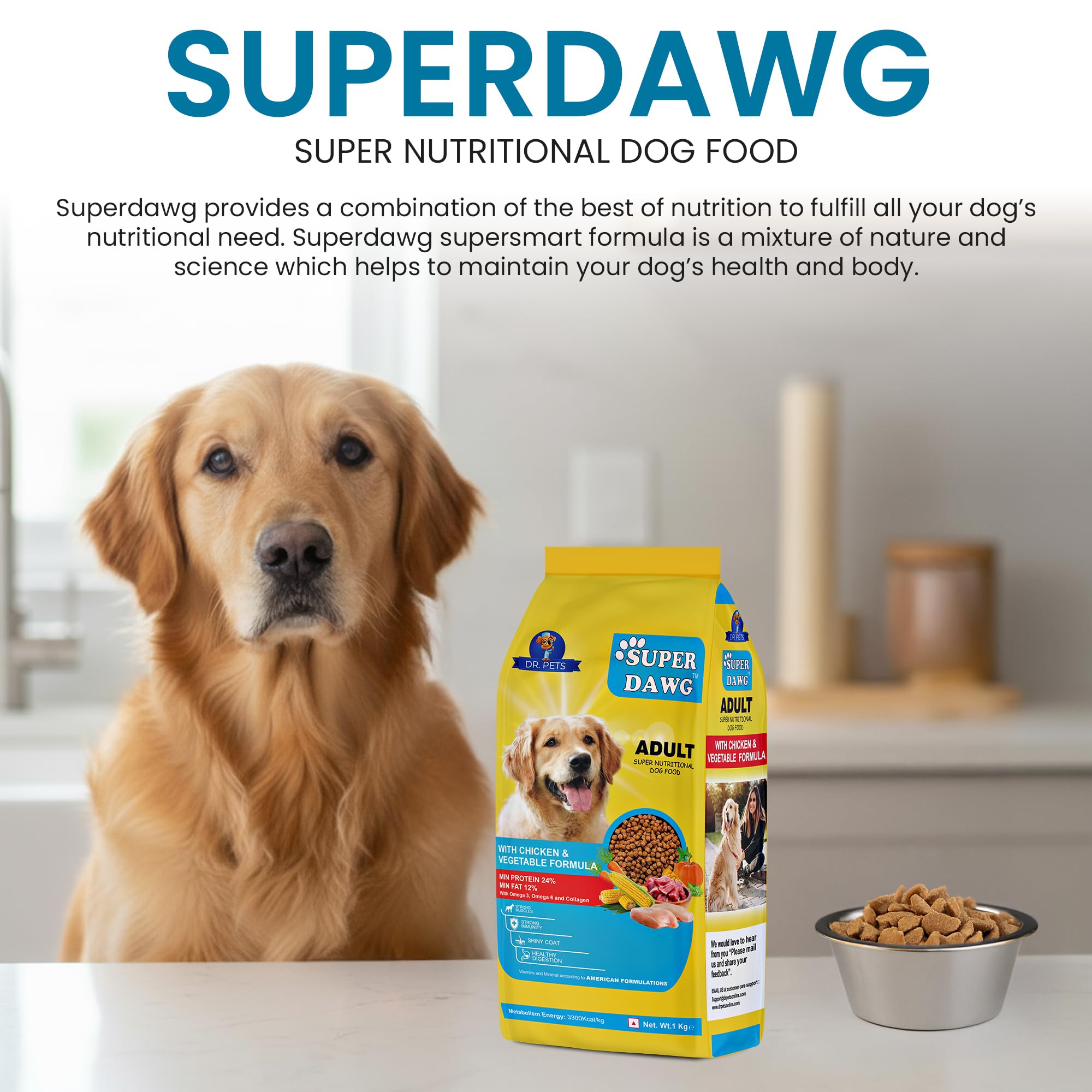 Dr.Pets Super Dawg Adult Dog Food | with Chicken & Vegetable Formula | High Protein 24% & Healthy Fats 12% | Omega 3, 6 & Collagen for Strong Muscles, Shiny Coat & Easy Digestion 10Kg Pack 3
