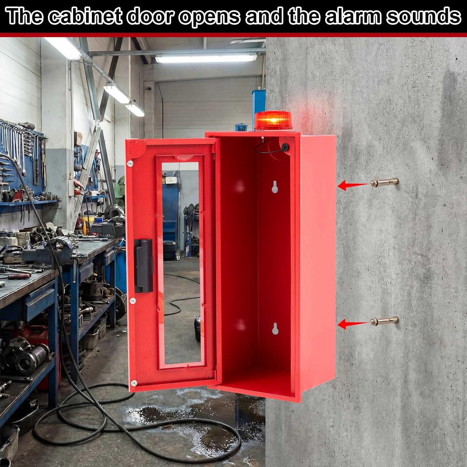 Zonon 1 Pcs 5lb Fire Extinguisher Cabinet Wall & Surface Mount with Alarm, 18.9" H x 7.9" W x 6.7" D Steel Wall Fire Extinguisher Box Case for Dry Chemical Extinguishers Indoor Outdoor(Red)