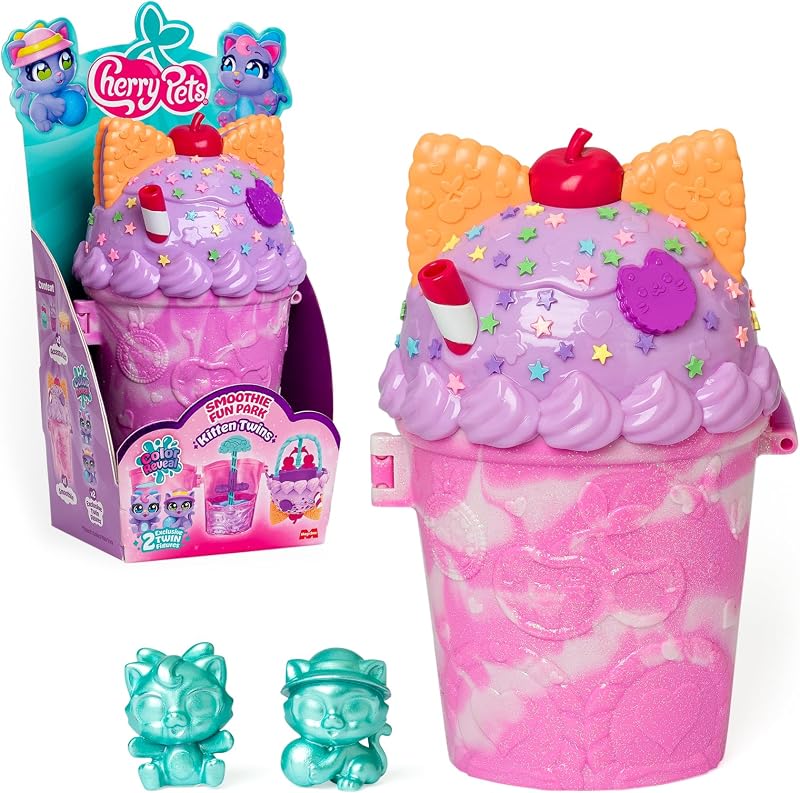 Cherry Pets – Smoothie Fun Park Kitten Twins. Casita con Parque de Atracciones en Forma de Smoothie: Incluye 1 Smoothie, 2 Figuras exclusivas “Color Reveal” y 3 Accesorios