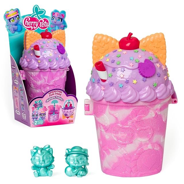 Cherry Pets – Smoothie Fun Park Kitten Twins. Casita con Parque de Atracciones en Forma de Smoothie: Incluye 1 Smoothie, 2 Figuras exclusivas “Color Reveal” y 3 Accesorios