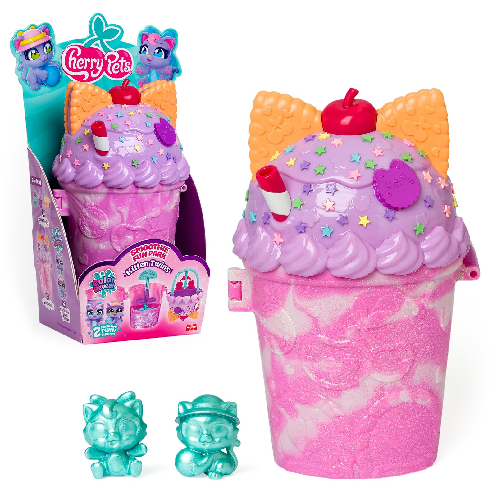 Cherry Pets – Smoothie Fun Park Kitten Twins. Casita con Parque de Atracciones en Forma de Smoothie: Incluye 1 Smoothie, 2 Figuras exclusivas “Color Reveal” y 3 Accesorios