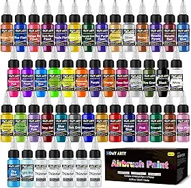 HOMY ARTY Tinta para aerógrafo - 43 cores com 5 mais finas, conjunto de tinta para aerografia pronta para pulverizar, tintas acrílicas à base de água para metal, modelos de plástico, tela, madeira -