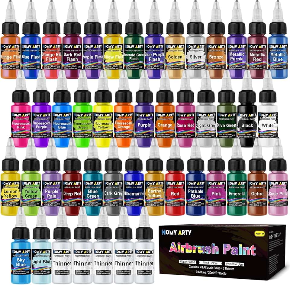 HOMY ARTY Tinta para aerógrafo - 43 cores com 5 mais finas, conjunto de tinta para aerografia pronta para pulverizar, tintas acrílicas à base de água para metal, modelos de plástico, tela, madeira -