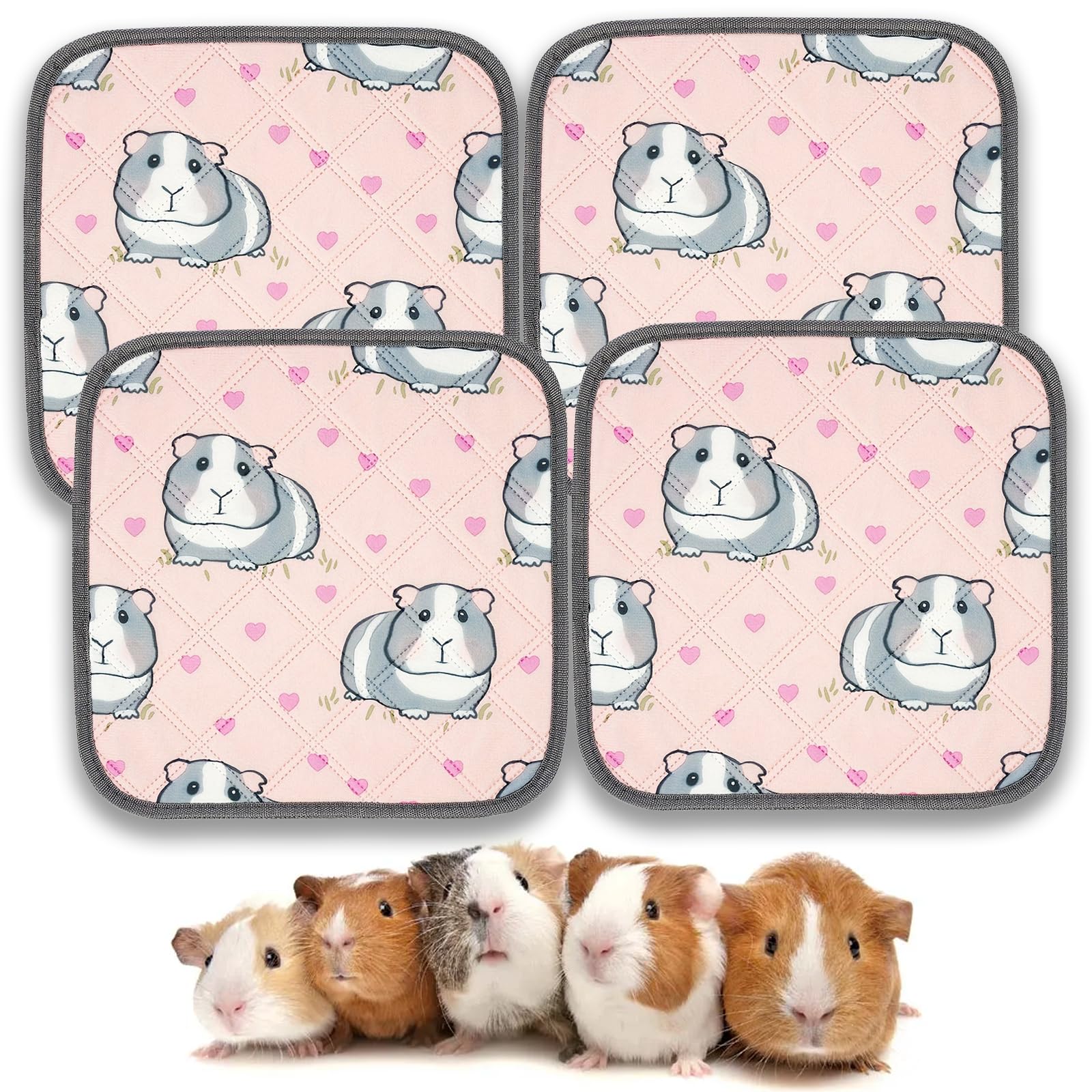 4 Pack Guinea Pig Cage Liner Washable, Small Animal Pee Pad with Absorbent Waterproof Layer, Reusable Rabbit Guinea Pig Cage Liner for Bunny, Hamster and Chinchilla (Pink)