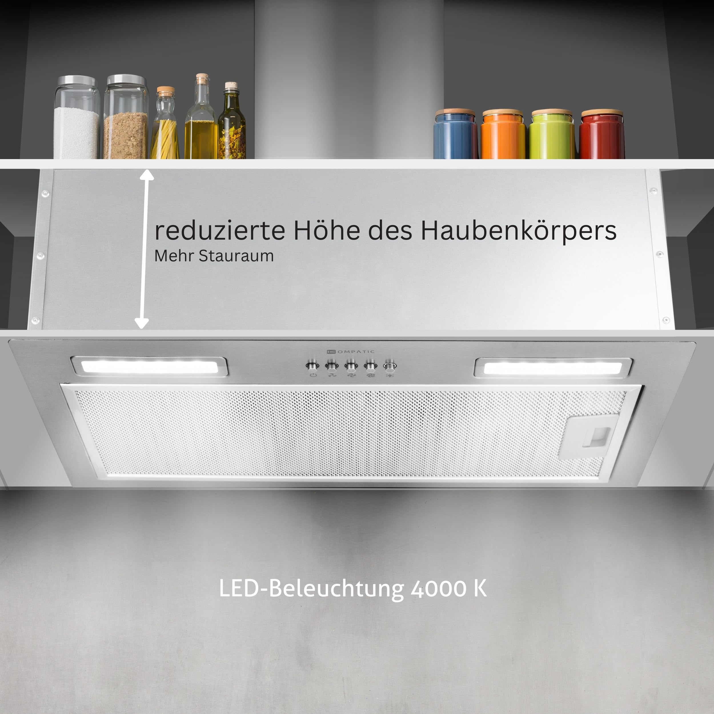 Lane 50 KLN50SIEinbau Dunstabzugshaube, A+++, 50 cm, 450 m³/h, Aktivkohlefilter KCF4 inklusive, Abluft/Umluft, Elektronische Steuerung, LED-Beleuchtung, 3 Stufen + Boost, Silber