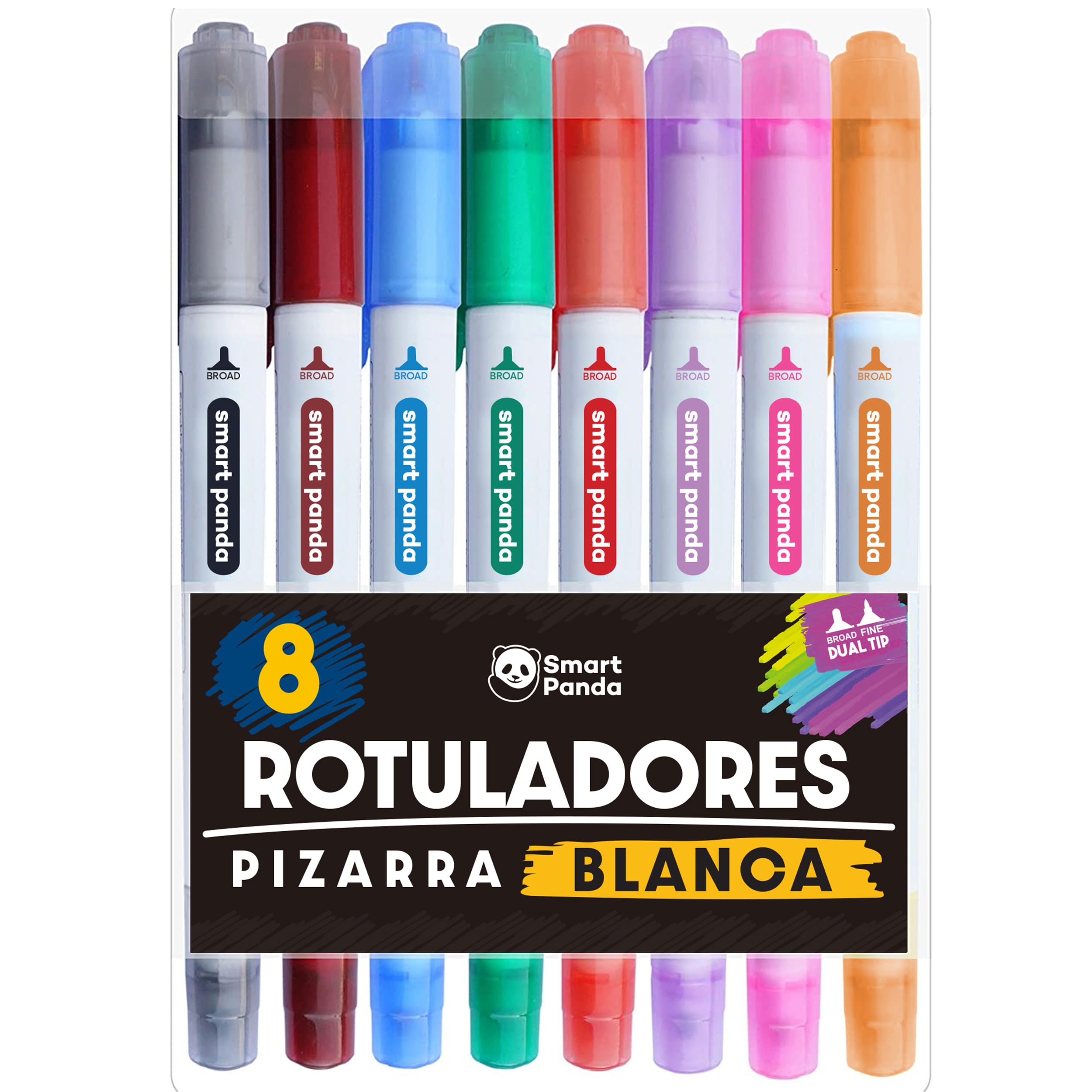 SmartPanda Rotuladores para Pizarra Blanca de Punta Doble, Mediana y Fina - Borrado en Seco para el Hogar u Oficina – 8 Colores