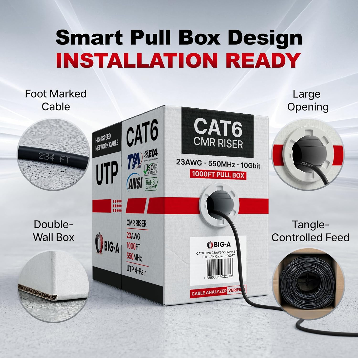 Big-A - Bulk Cat6 Cable 1000ft 23AWG Solid 4 Pair, Cat 6 Ethernet Cable Unshielded Twisted Pair (UTP), (CMR) 550MHz Internet Cable, Pull Box - Black