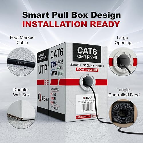 Miniatura 8 de Big-A - Cable Cat6 a granel de 1000 pies, 23 AWG, sólido, 4 pares, cable Ethernet Cat 6 sin blindaje (UTP), cable de Internet de 550 MHz, caja
