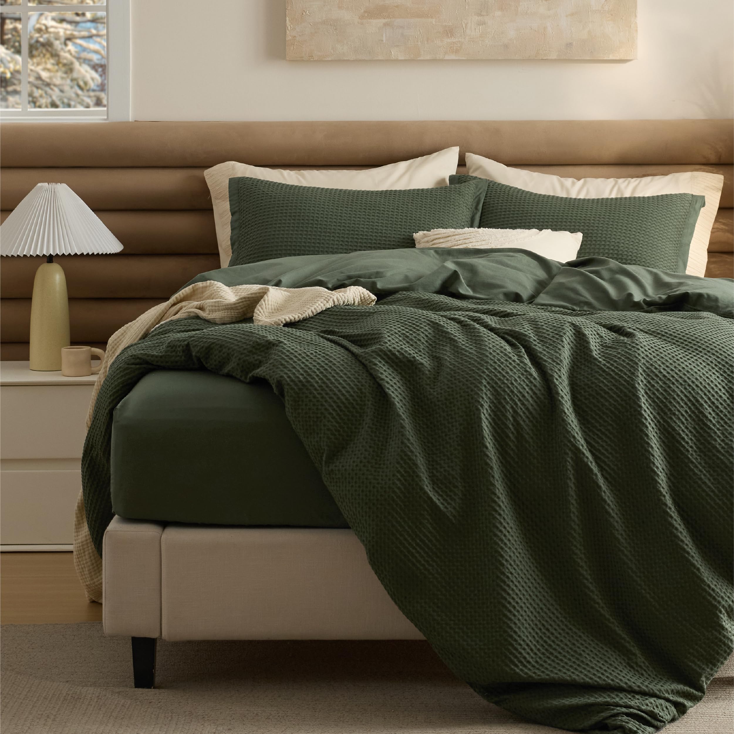 Bedsure PureWoven Cotton Waffle Duvet Cover Set with Fitted Sheet, Queen | Olive Green, Breathable, Corner Ties & Button Closure, Machine Washable, All-Season, Home Decor Gift, Good Housekeeping Seal