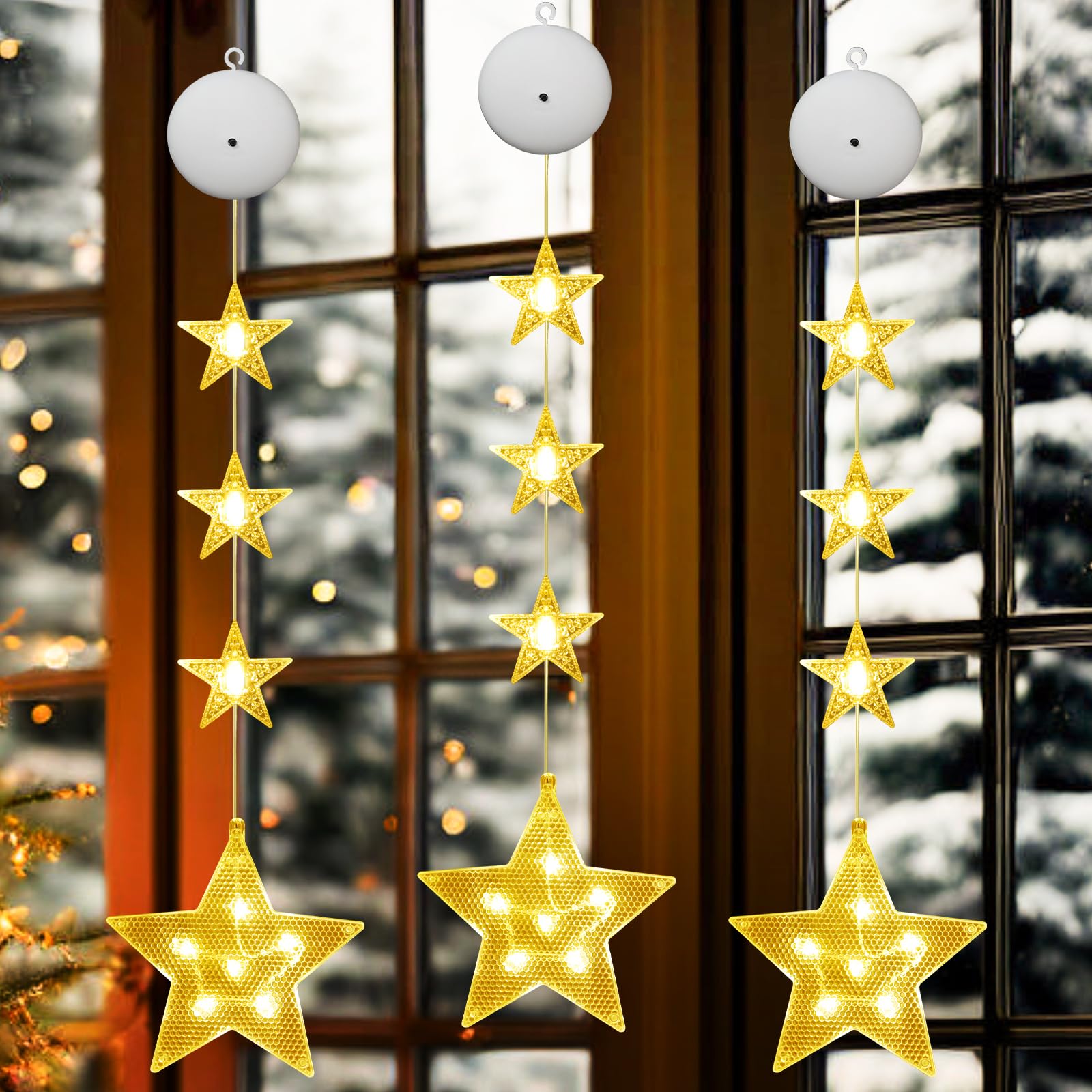 ZZQVIP Cortina de Luces Estrella de Navidad para Exterior, LED de Luz Cálida con 3 Modos, Luces de Navidad con Pilas e Incluye Ventosas y Ganchos, para Decoración Navideña en Ventanas, Paredes y Árbol