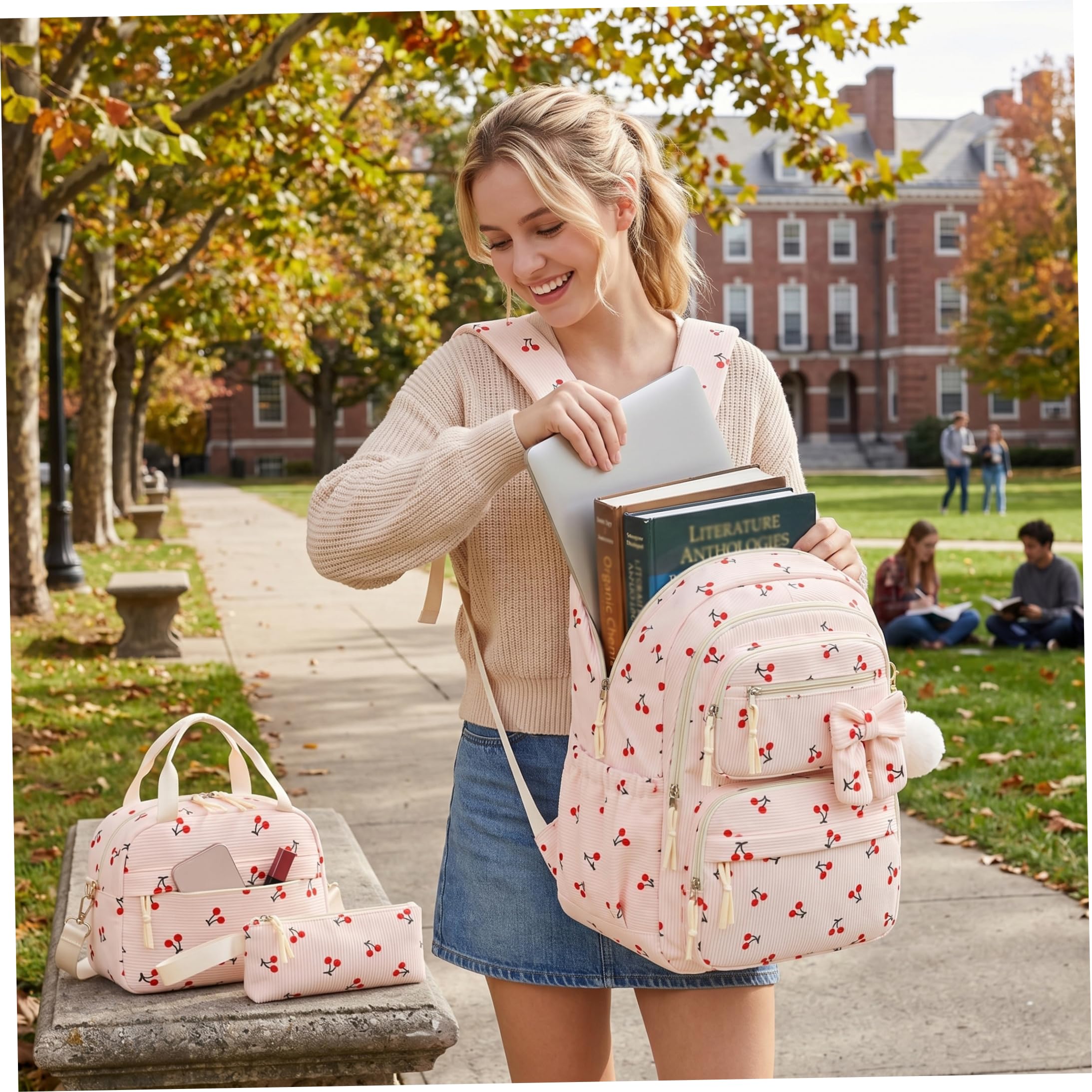 3 unids/set mochila de cereza, linda mochila de pana con paquete de comida y estuche para lápices para niñas y mujeres, beige, preppy, cereza