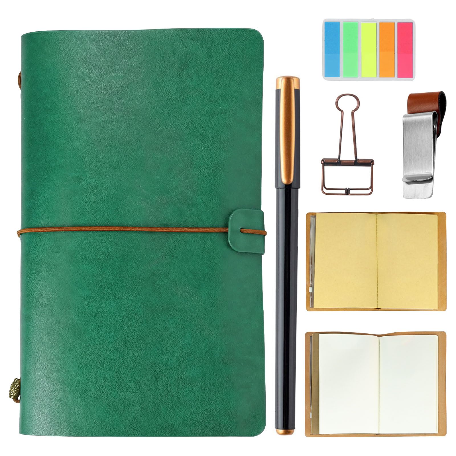 SIMDAO Leather Notebook Journal Set, Travel Journal for Men Women, Travelers Notebook with Blank Paper Kraft Inserts Pen Pen Clip Multi-function Pouch, Gifts for Men Women, (Green, A6)