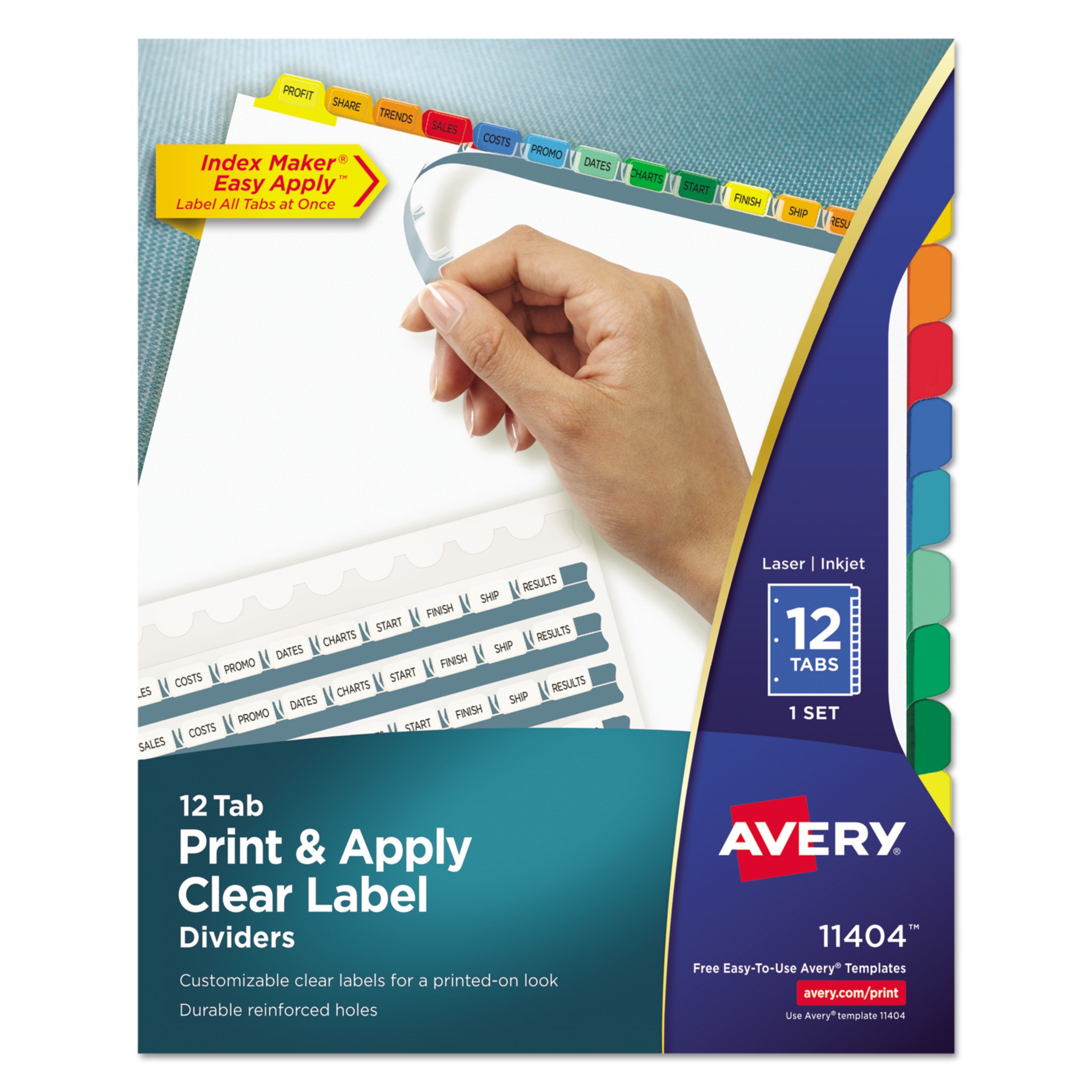 Avery 5-Tab Binder Dividers, Easy Print & Apply Clear Label Strip, Index Maker, Multicolor Tabs, 1 Set (11406)
