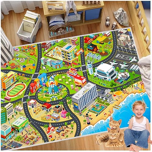 Miniatura 5 de YSYTLCL Alfombra de juego para niños, alfombra de juego para autos de juguete, mapa de tráfico urbano, alfombra de sala de juegos para habitación de