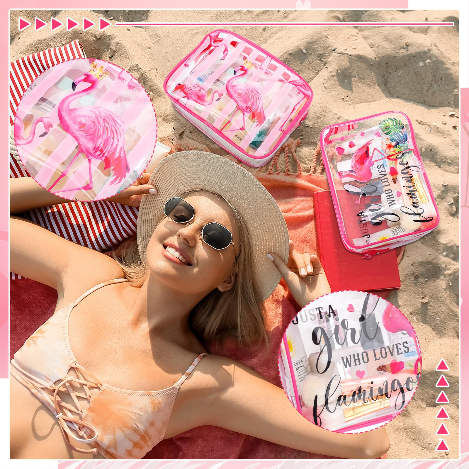 Transparente Make-up-Taschen mit Flamingo-Muster für Damen, adrette Kosmetiktaschen mit Reißverschluss, rosa Lächeln, Blitz, Sommer, transparent, PVC, wasserdicht, Reise-Kulturbeutel für