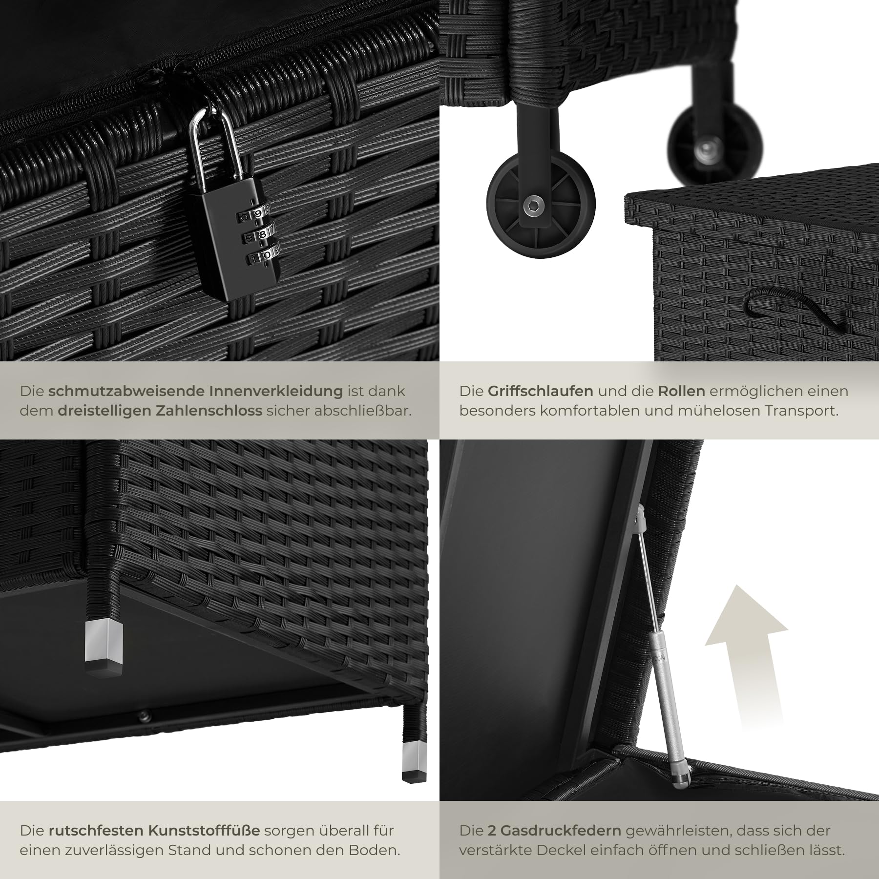 tectake® Poly Rattan Auflagenbox wetterfest, abschließbare Box mit Deckel, outdoor Aufbewahrungskiste mit Innentasche, Kissenbox 270L, rollbar, für Garten, Terrasse, Balkonmöbel - schwarz