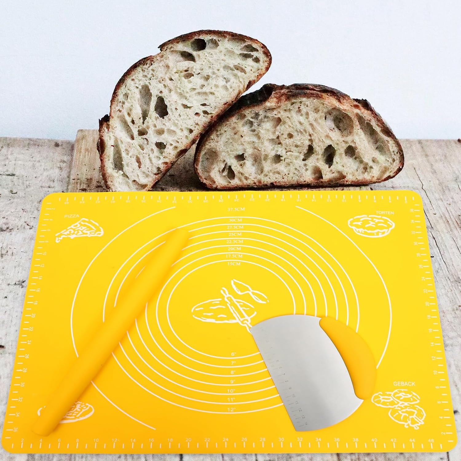 3pcs Multifunctional Non-stick Dough Mat with Practical Dumpling Rolling Pin and Stainless Steel Scaled Dough Scraper for Baking Pastries Pizza and Handmade Noodles