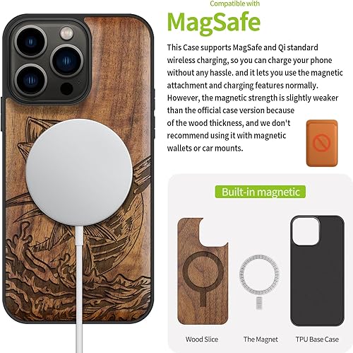 Miniatura 5 de Carveit Funda magnética de madera para iPhone 13 Pro madera natural y TPU suave negro Funda protectora de madera única a prueba de golpes compatible