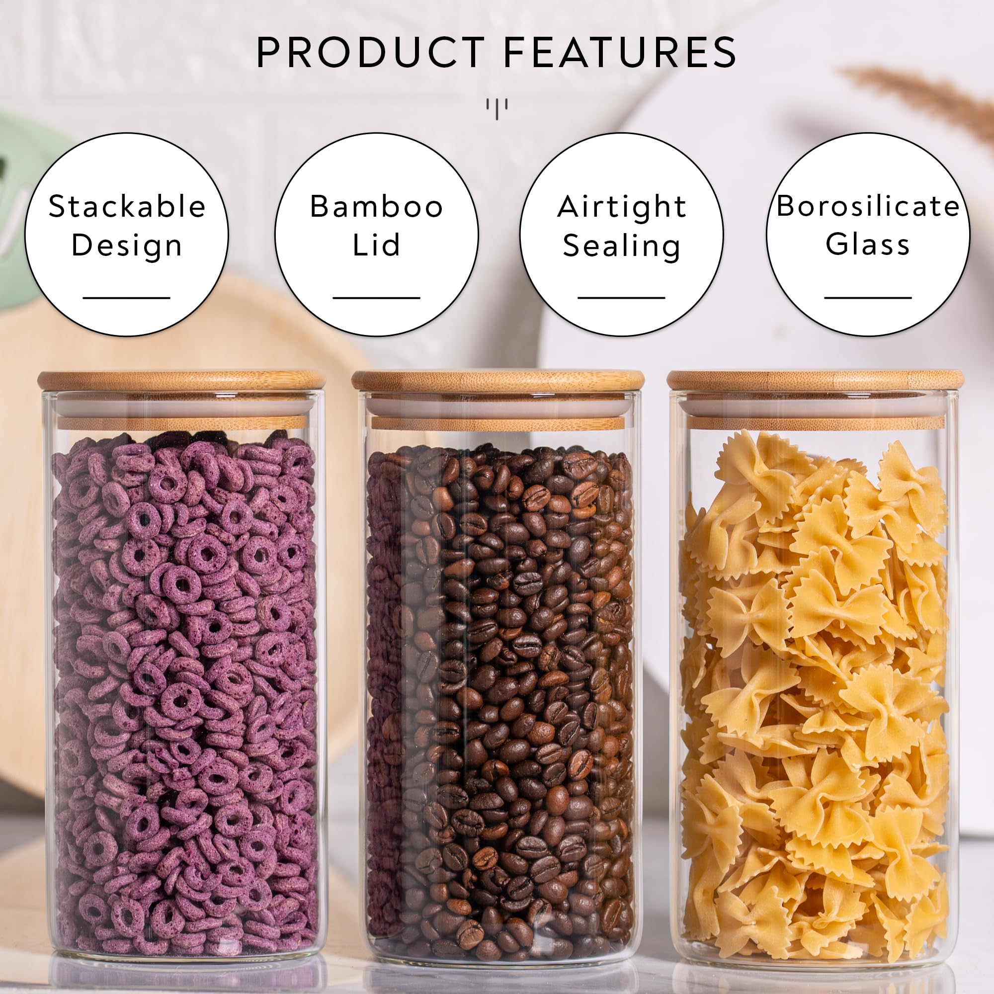 Laramaid 45oz 3Packs Glass Jars Set, Round Pantry Jars with Bamboo Lids, Black Labels and White Pen, Food Storage Container Canisters for Home, Kitchen and Pantry