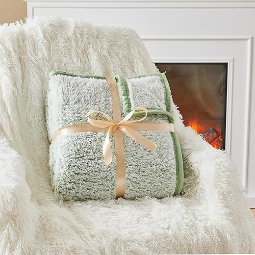 Miniatura 4 de EMME Manta de forro polar sherpa suave, reversible, esponjosa, grande, ligera, cálida, decorativa, bohemia, para sofá, dormitorio, viajes (salvia de