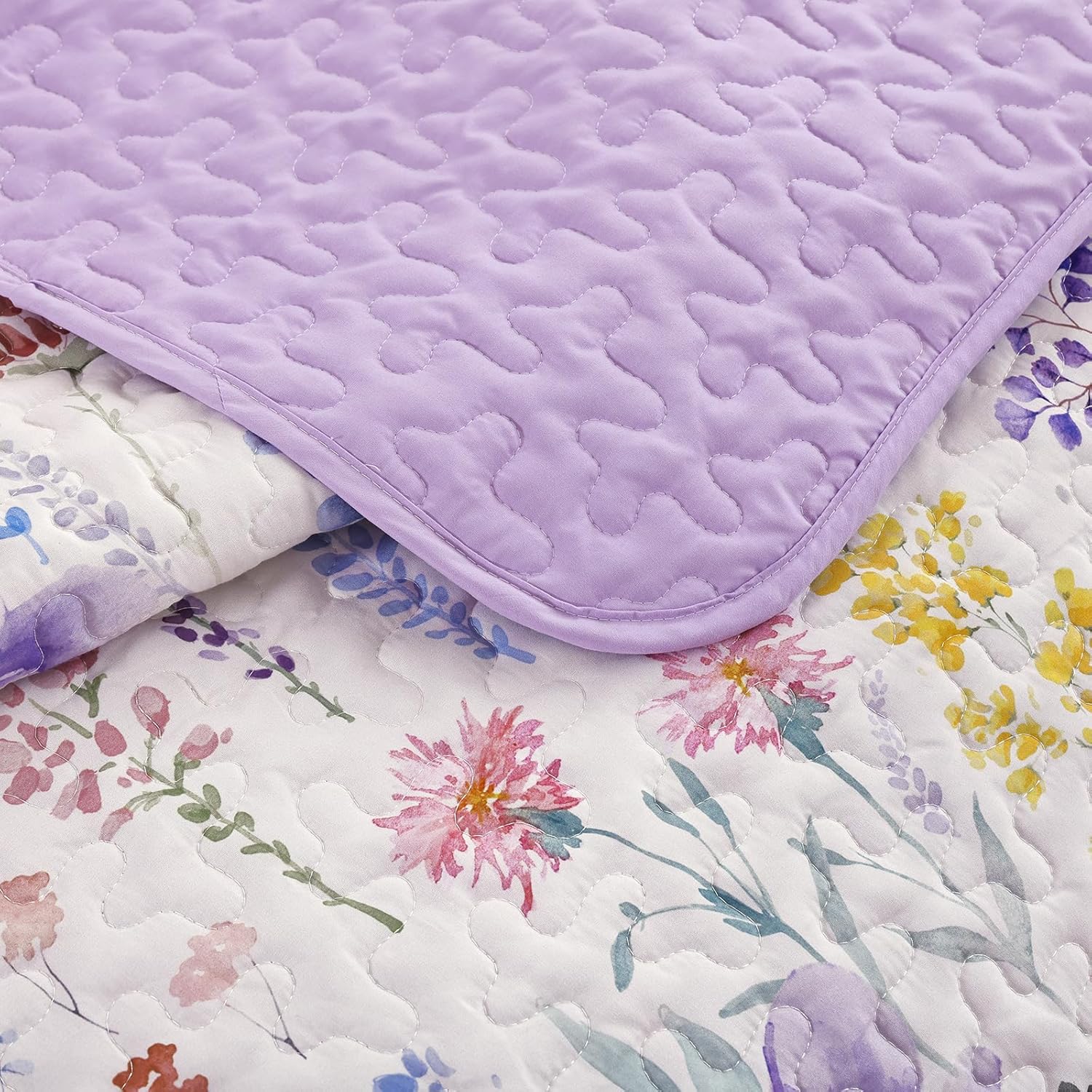 WONGS BEDDING Botanical Quilt Set King Size, Purple Floral Leaves Pattern Bedspread Coverlet Set, 3 Piece Soft Microfiber Bedding Set with 2 Pillowcases for All Season (104"x90")