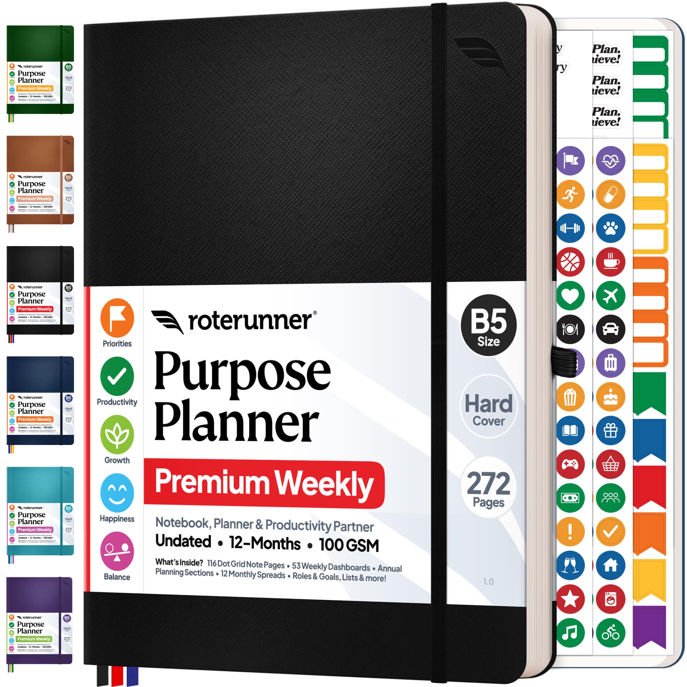 Roterunner Agenda B5 19 x 24,9 cm, 12 mesi, non datato, 2026, giornaliera, settimanale e mensile, strumento per l'impostazione degli obiettivi di produttività, per lavoro, casa, ADHD, per adulti e