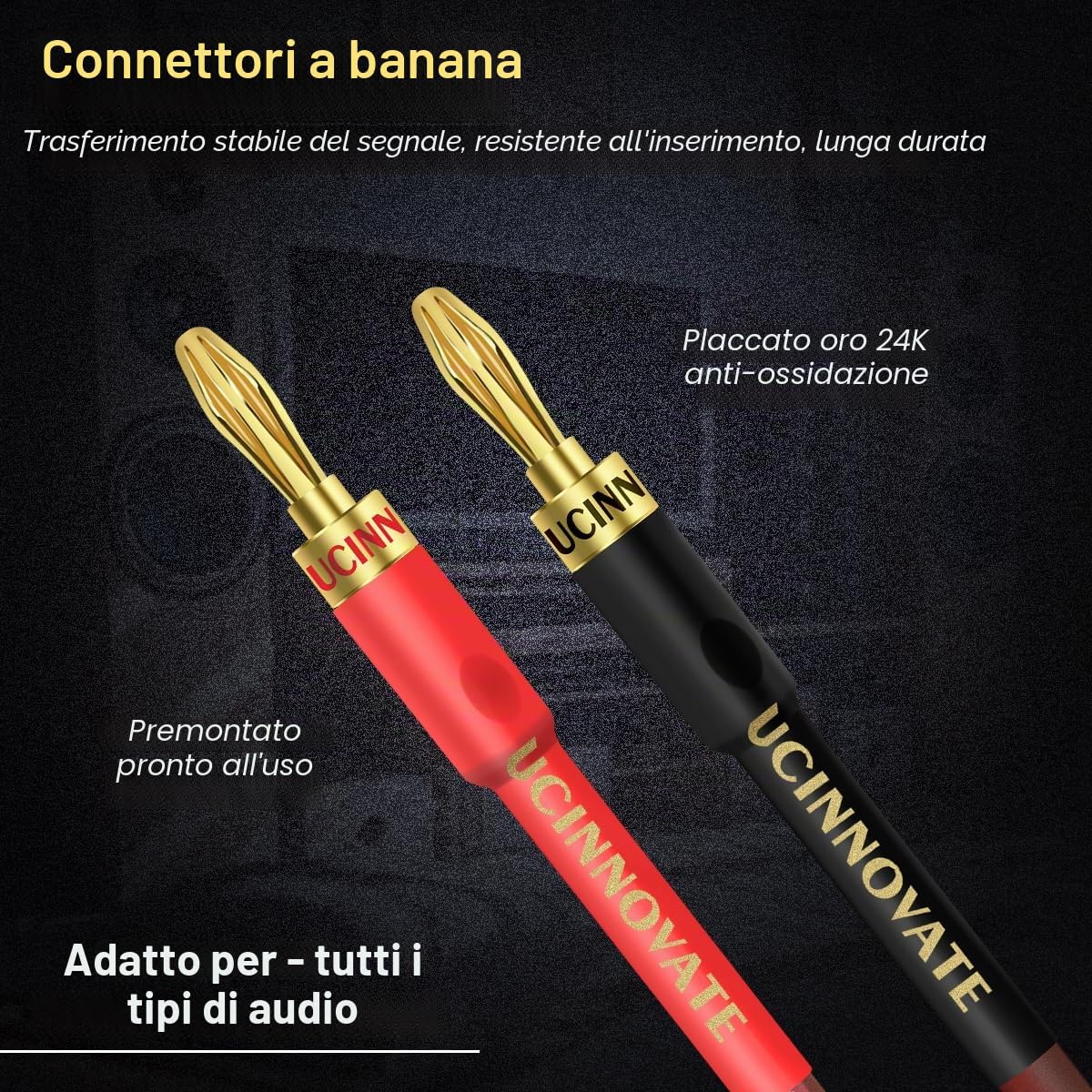 UCINNOVATE Confezione da 2 cavi per altoparlanti da 14 AWG con connettori a banana, HiFi OFC 3 m/9,8 FT cavi per altoparlanti con connettori a banana ad angolo retto placcati in oro per cavo audio per