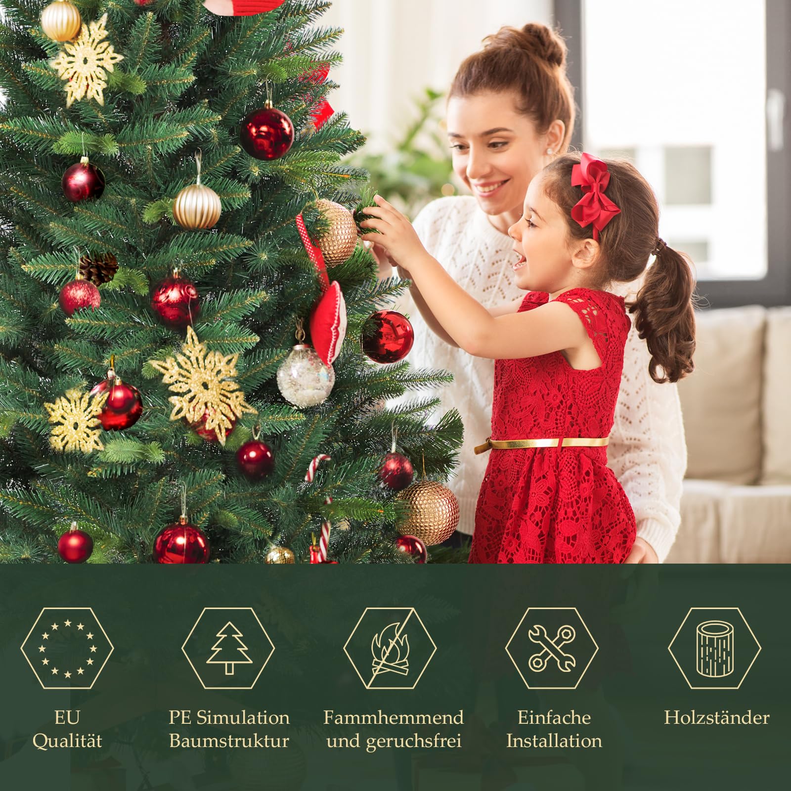 SALCAR 180cm Künstlicher Weihnachtsbaum Premium, Nordmanntanne mit Holzständer, Realistische PE+PVC Tannenbaum, Einfacher Aufbau für Ihre Weihnachtsdekoration