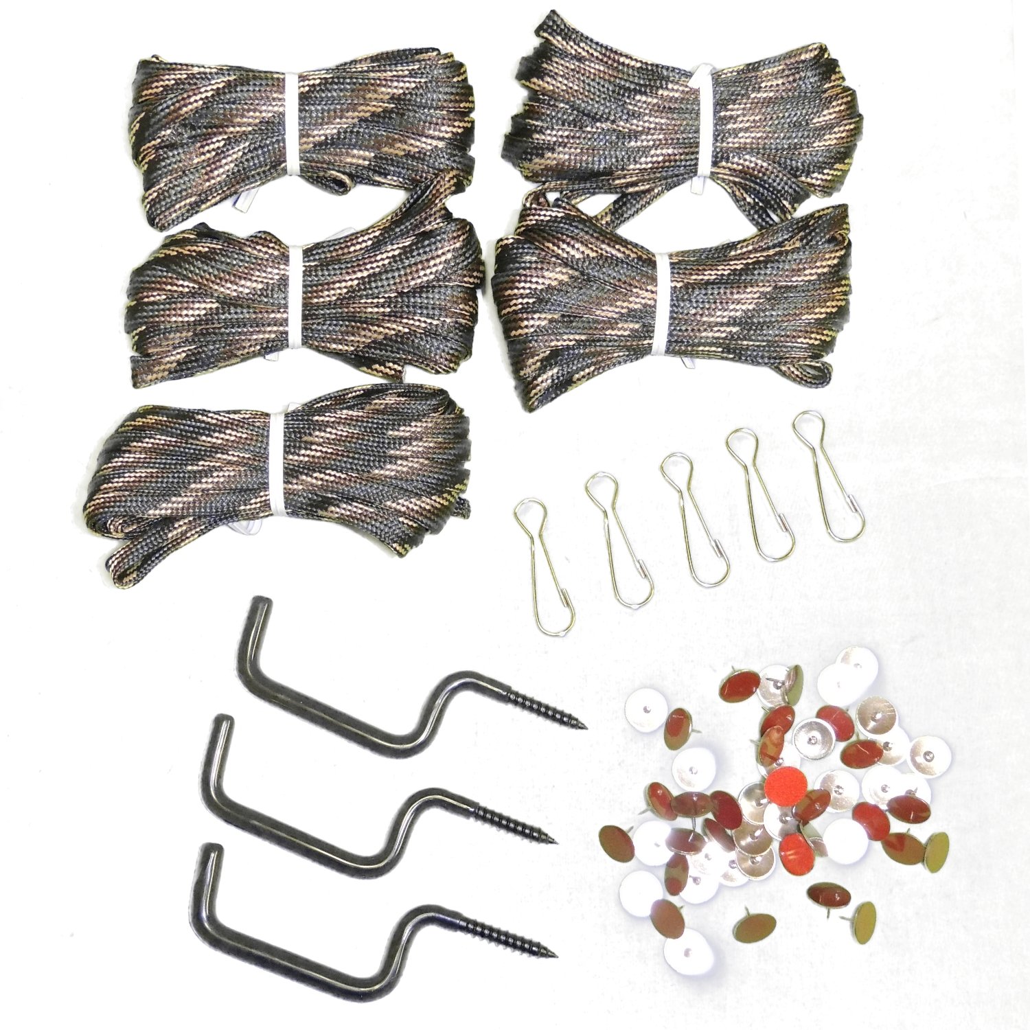 Treestand Hunter Pro Value Pack 5 Camo Pull Up Hoist Cords & Clips- 3 Screw in Gear Hangers - 50 Reflective Trail Marking Tacks