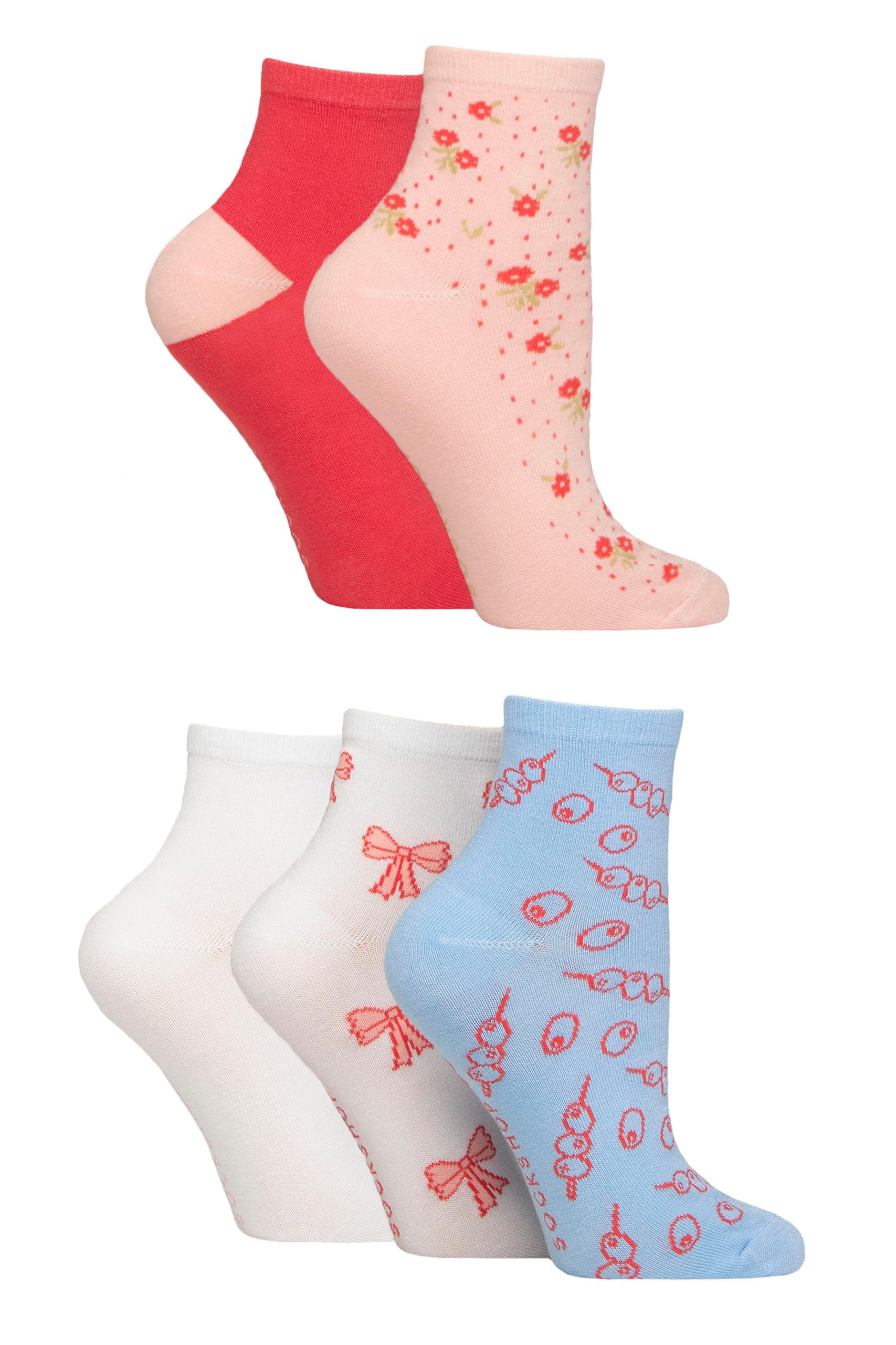 SockShop Women's Bamboo Ankle Socks - Ankle High, Anklet, Soft, Cooling, Breathable, Plain and Patterned, 5 Pair Multipack Size 4-8 (UK, Numeric, 4, 8, Regular, Regular, Patterned Tuscan Rose)