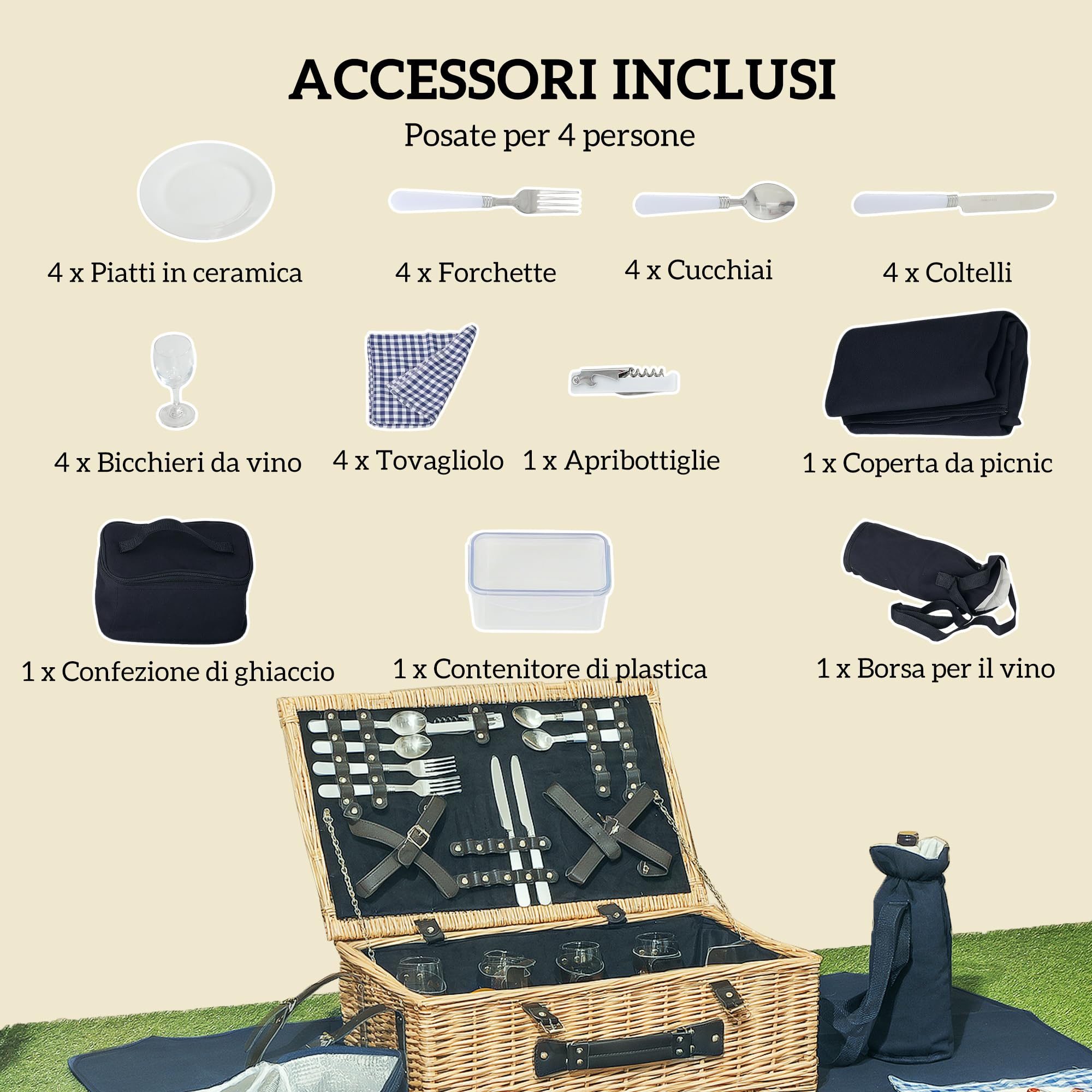 Outsunny Cestino da Picnic in Vimini per 4 Persone, Cesto Picnic con Area Frigo e Accessori Piatti, Bicchieri da Vino, Cucchiai e Forchette, Borsa per Vino, 54x34x20 cm, Color Legno